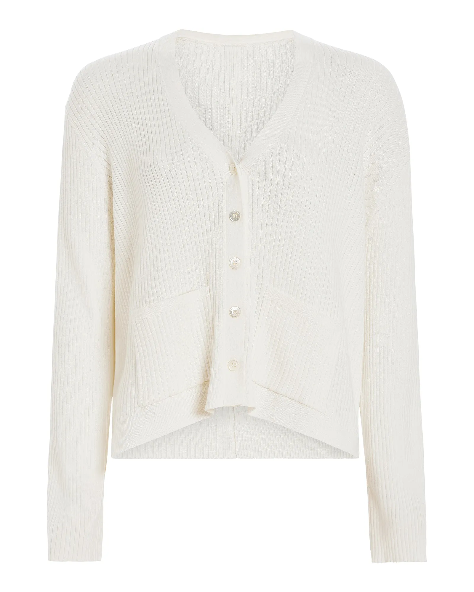 Cotton Cashmere Ribbed Long Sleeve Cardigan - White Light Weight