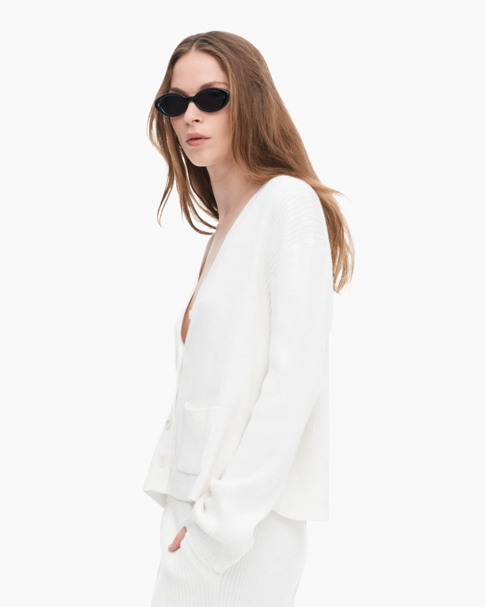 Cotton Cashmere Ribbed Long Sleeve Cardigan - White Relax Time