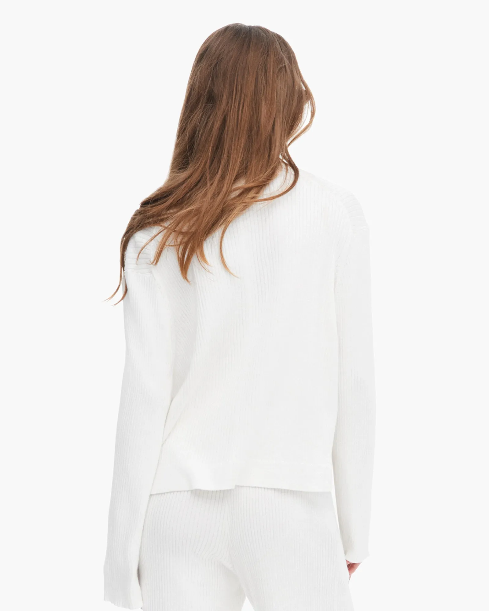 Cotton Cashmere Ribbed Long Sleeve Cardigan - White Essential Fit