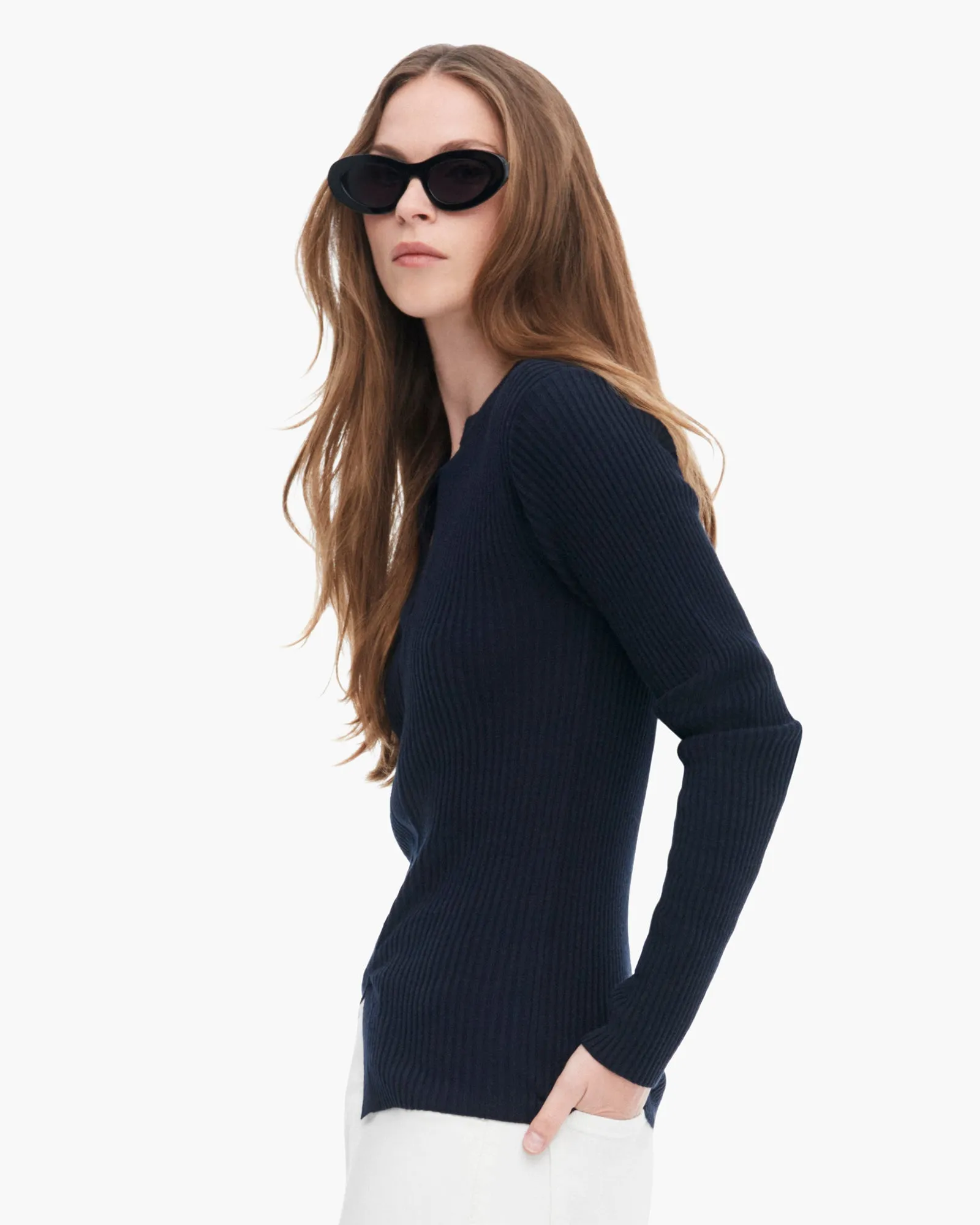 Cotton Cashmere Ribbed Trumploy Cardigan - Dark Navy Soft Luxe
