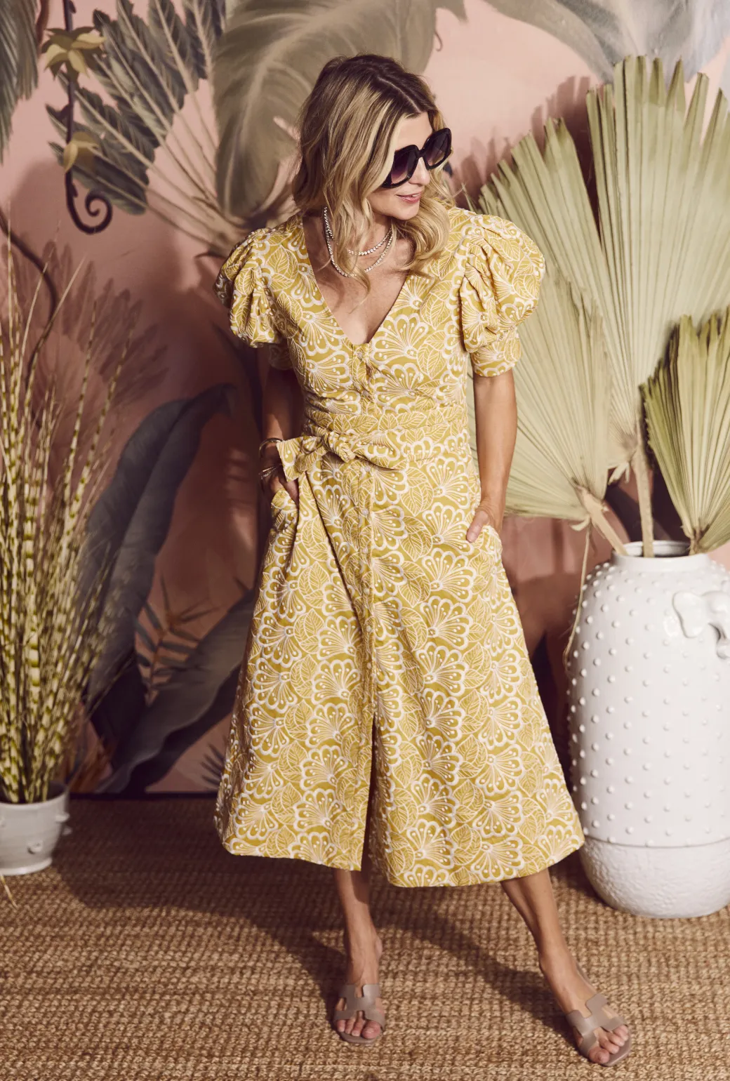 Deep V Day Gown - MIDI - Marigold Embroidery dreamy vibe