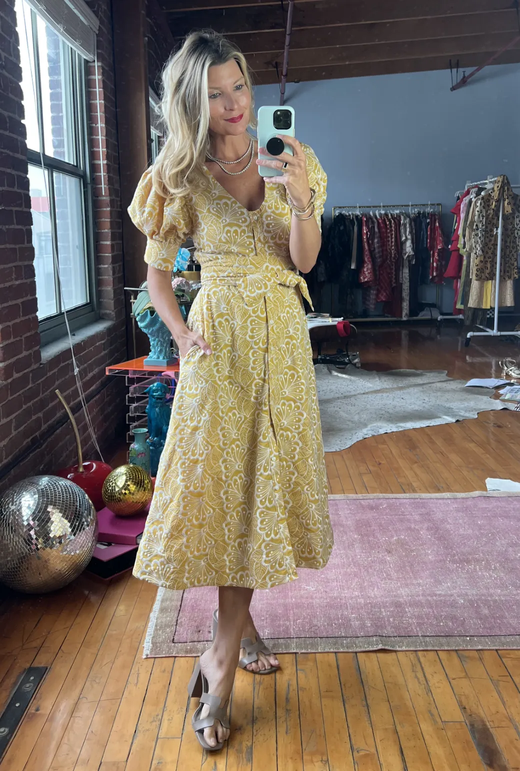 Deep V Day Gown - MIDI - Marigold Embroidery comfy mode