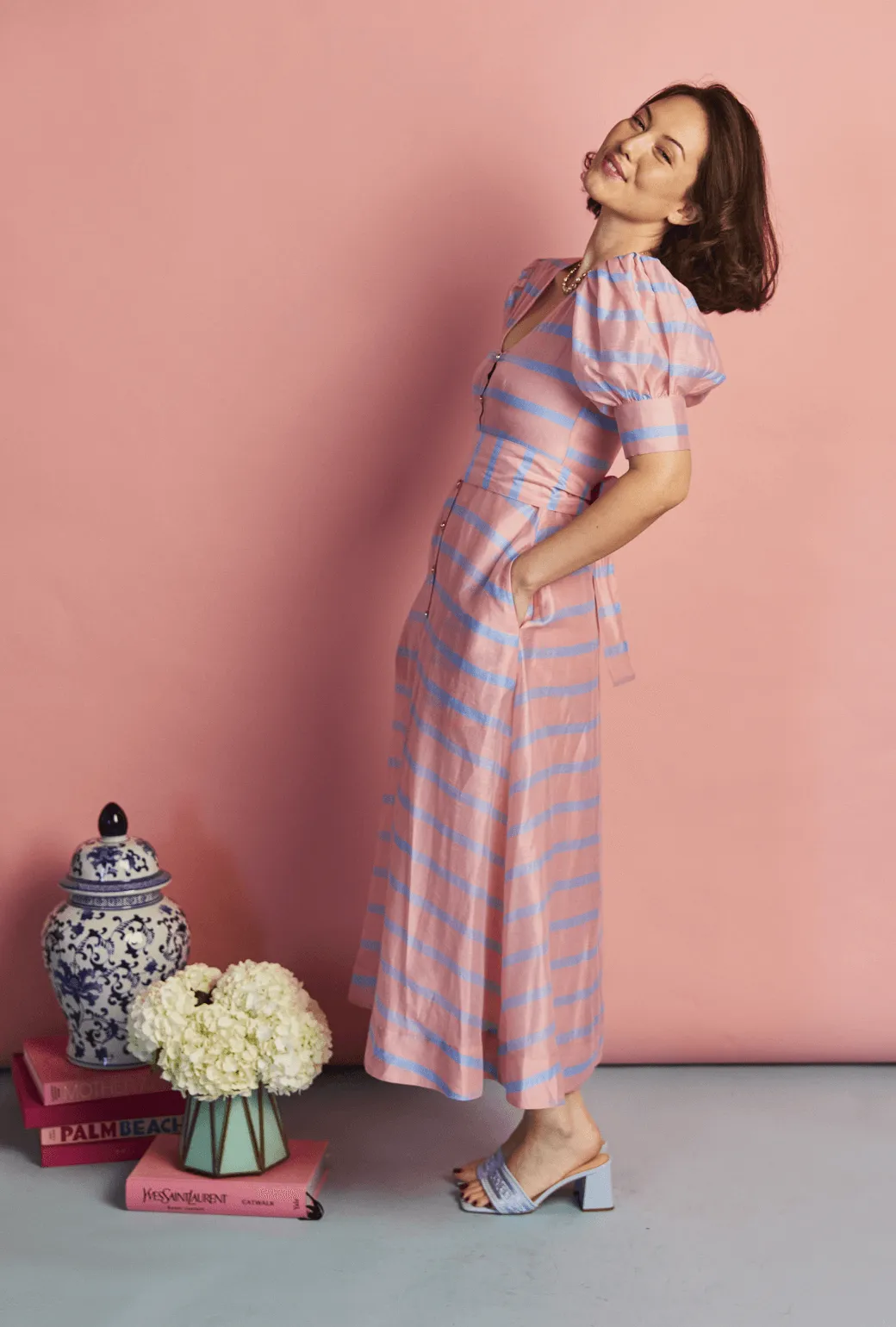 Deep V Puff Sleeve Day Gown - MAXI - Blue Stripe cool vibe
