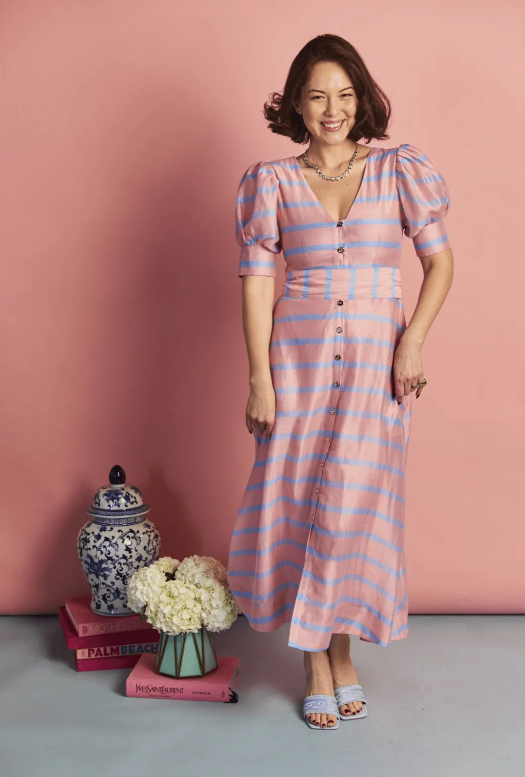 Deep V Puff Sleeve Day Gown - MAXI - Blue Stripe feminine side