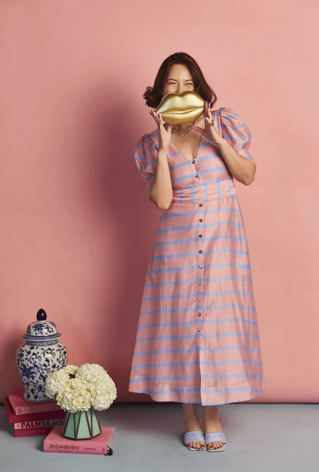 Deep V Puff Sleeve Day Gown - MAXI - Blue Stripe all occasion