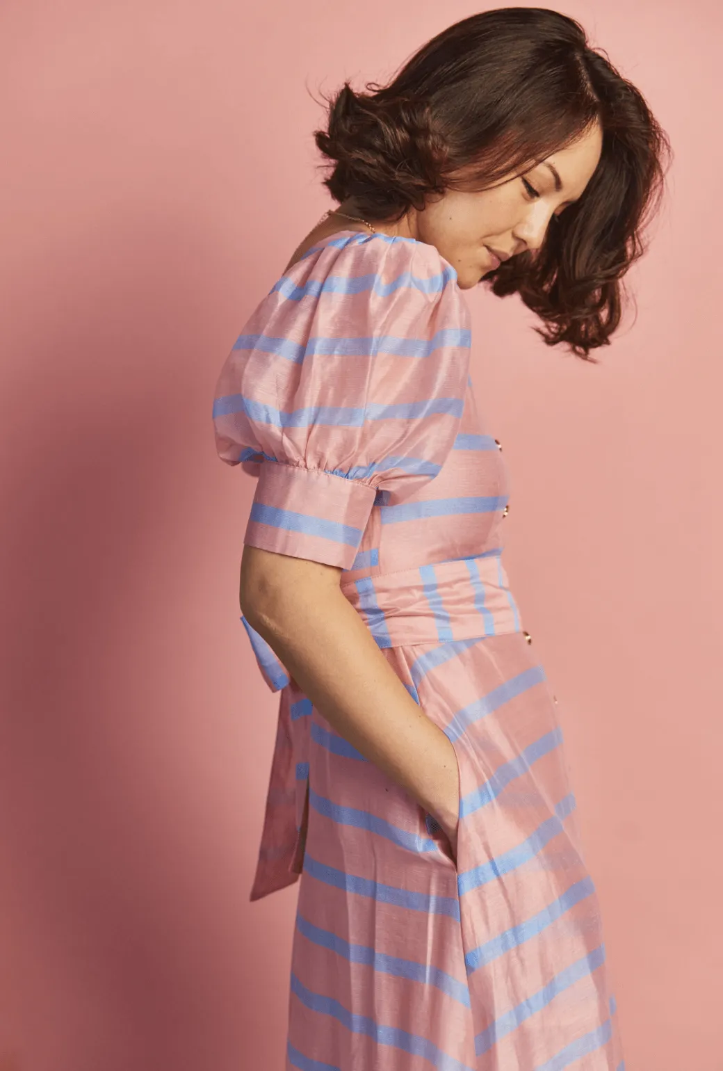 Deep V Puff Sleeve Day Gown - MAXI - Blue Stripe happy mood