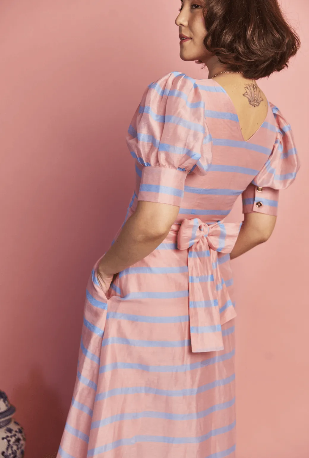 Deep V Puff Sleeve Day Gown - MAXI - Blue Stripe seasonal vibe