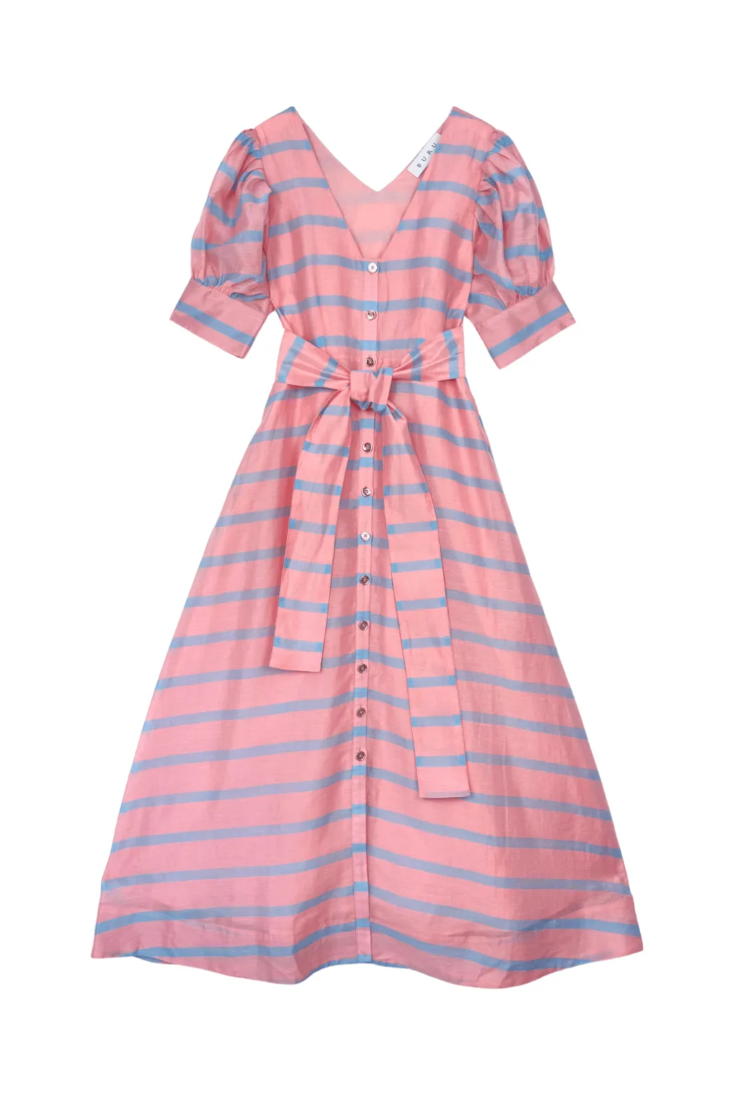 Deep V Puff Sleeve Day Gown - MAXI - Blue Stripe lazy luxe