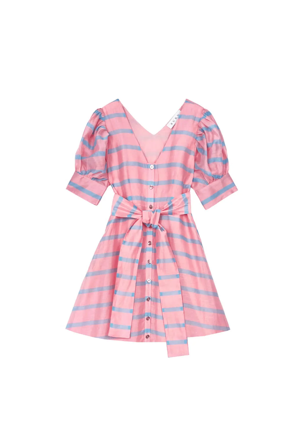 Deep V Puff Sleeve Day Gown - Mini - Blue Stripe romantic tone