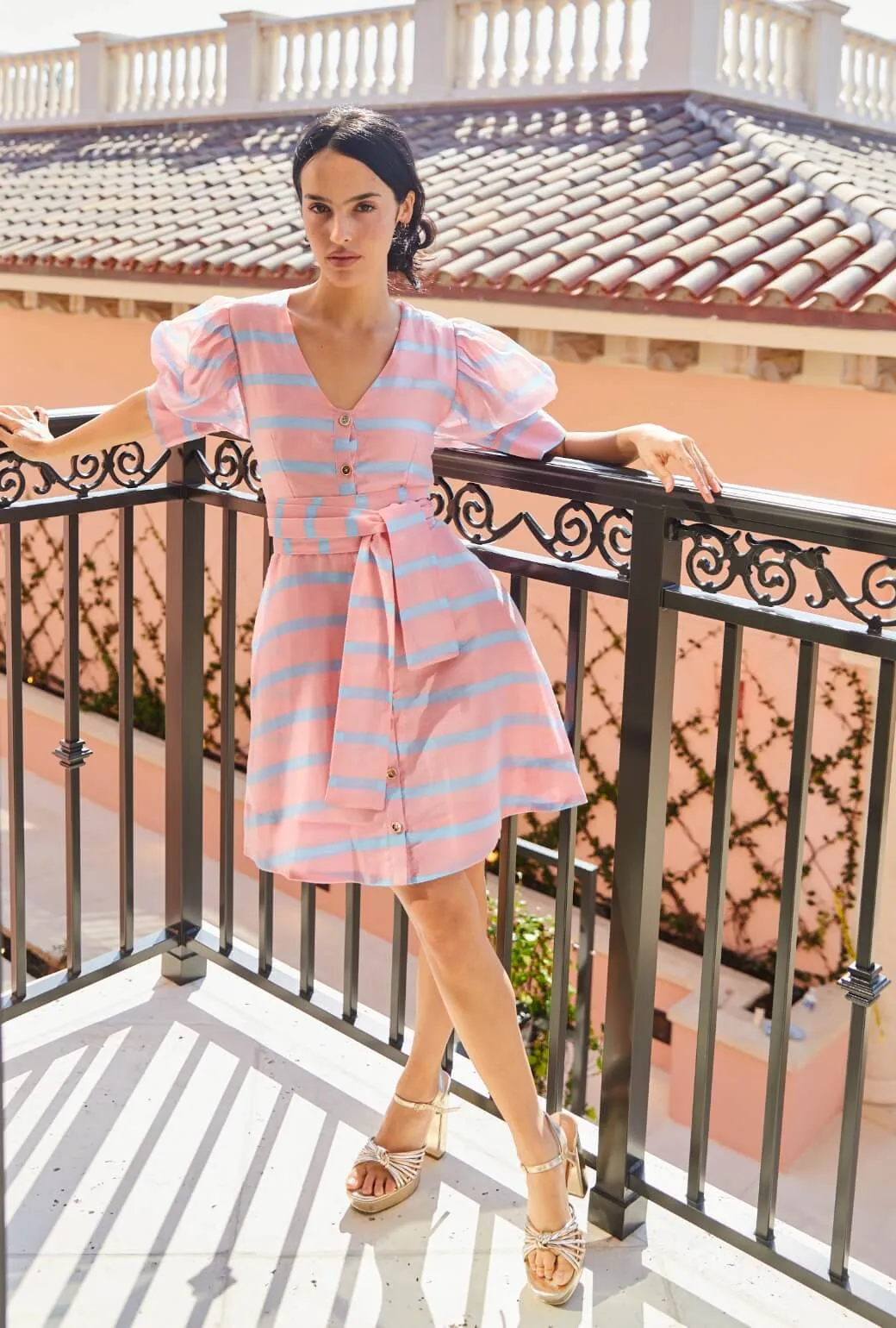 Deep V Puff Sleeve Day Gown - Mini - Blue Stripe comfy glow