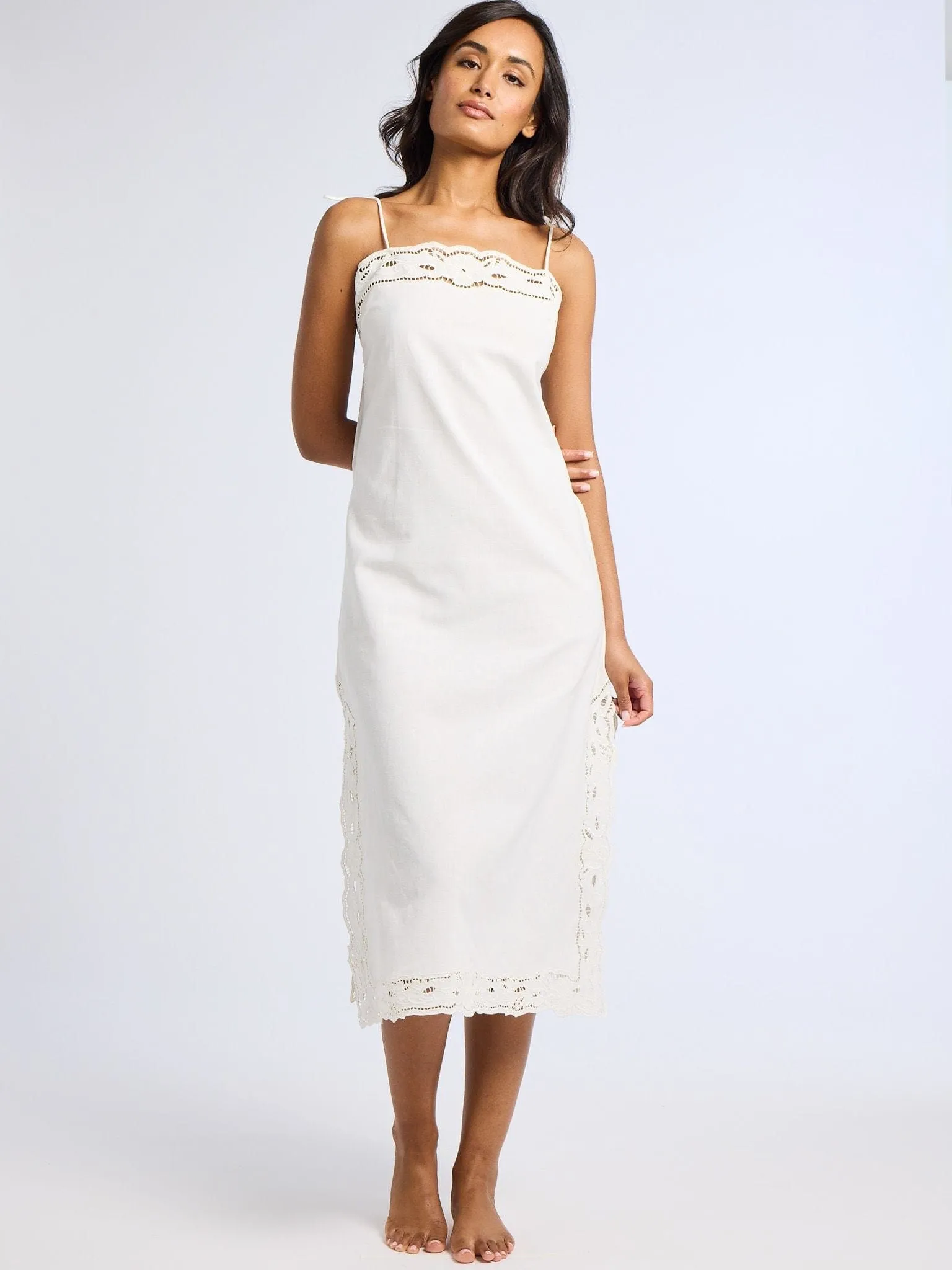 Demi Dress in White Embroidered Linen natural ease