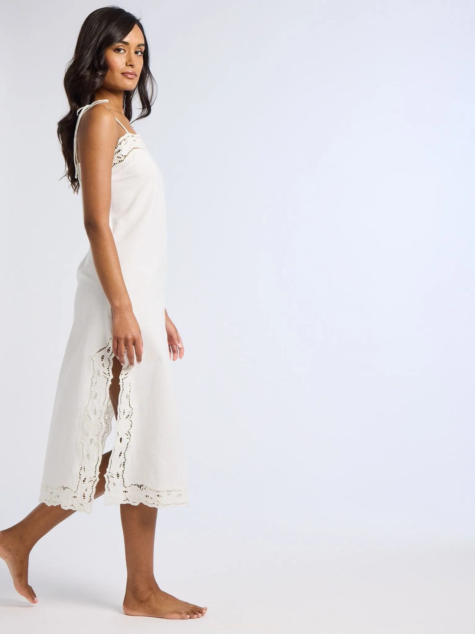 Demi Dress in White Embroidered Linen garden walk