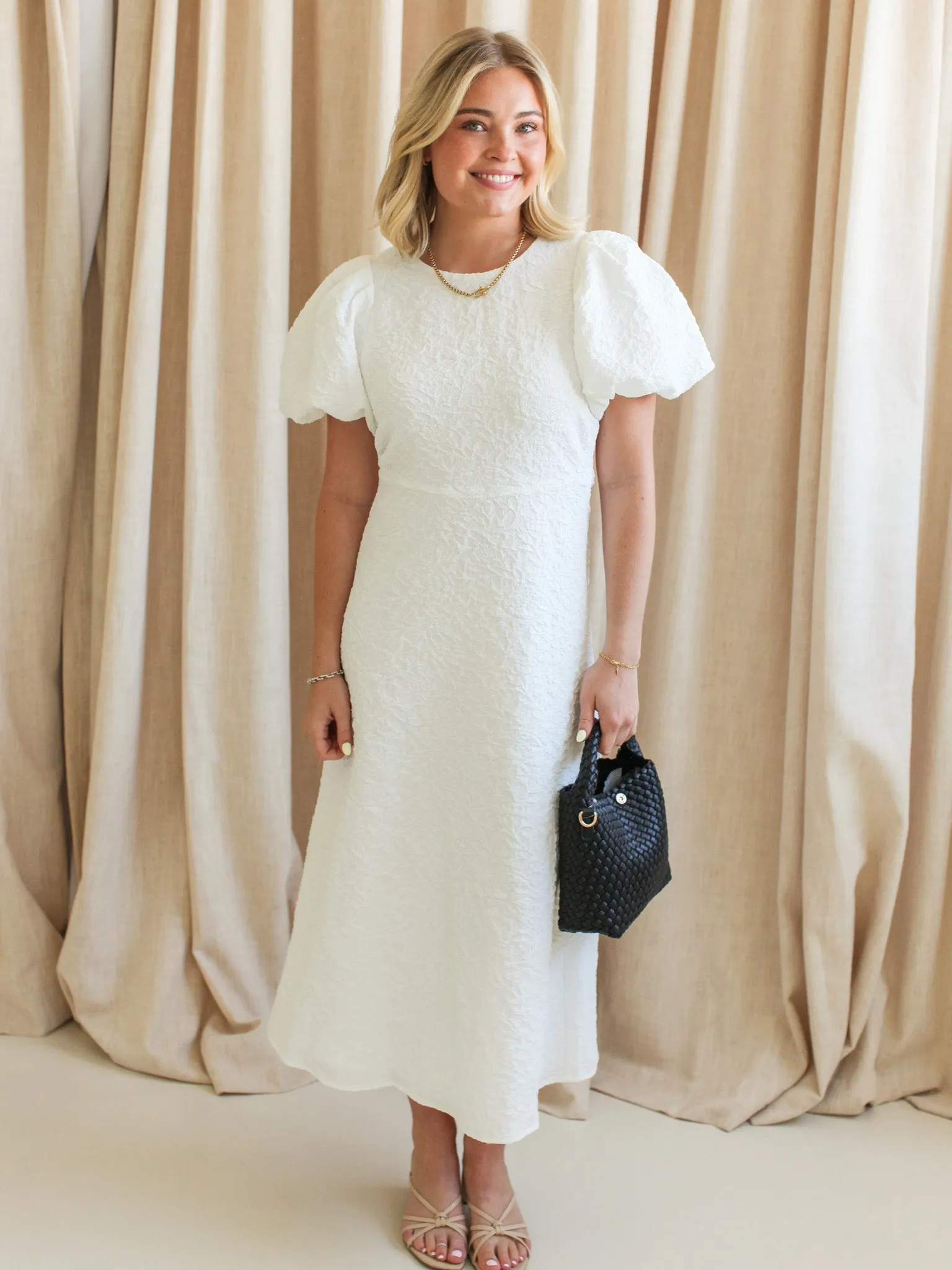 Ella Jacquard Midi Dress- White timeless shine