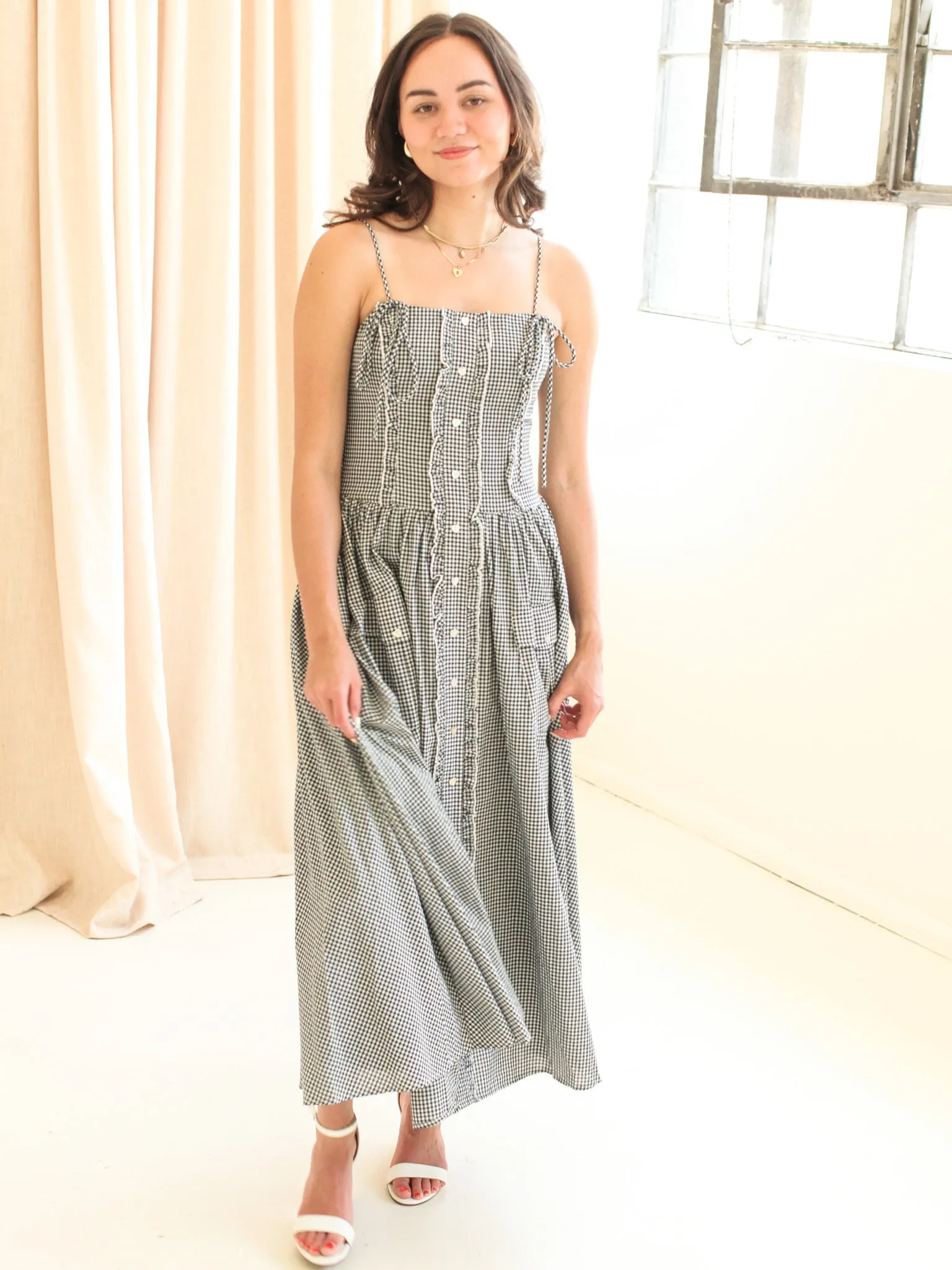 Emery Gingham Midi Dress - Navy playful vibe