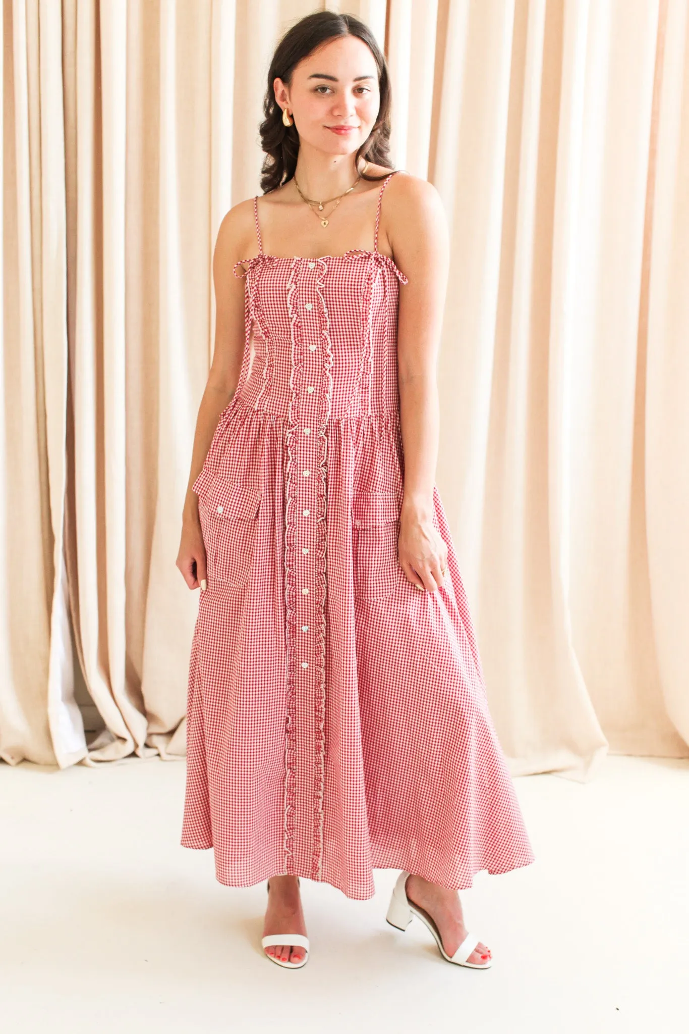 Emery Gingham Midi Dress - Red airy layers
