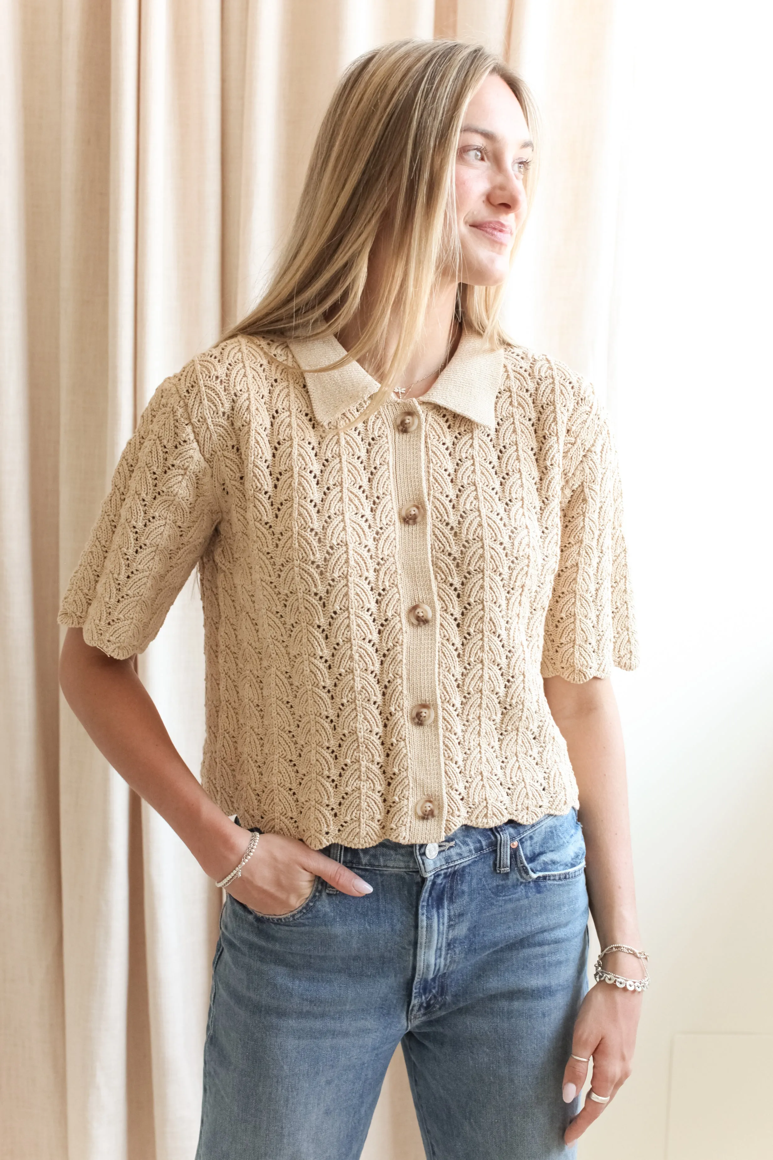 Esther Crocheted Cardigan- Camel Quiet Fit