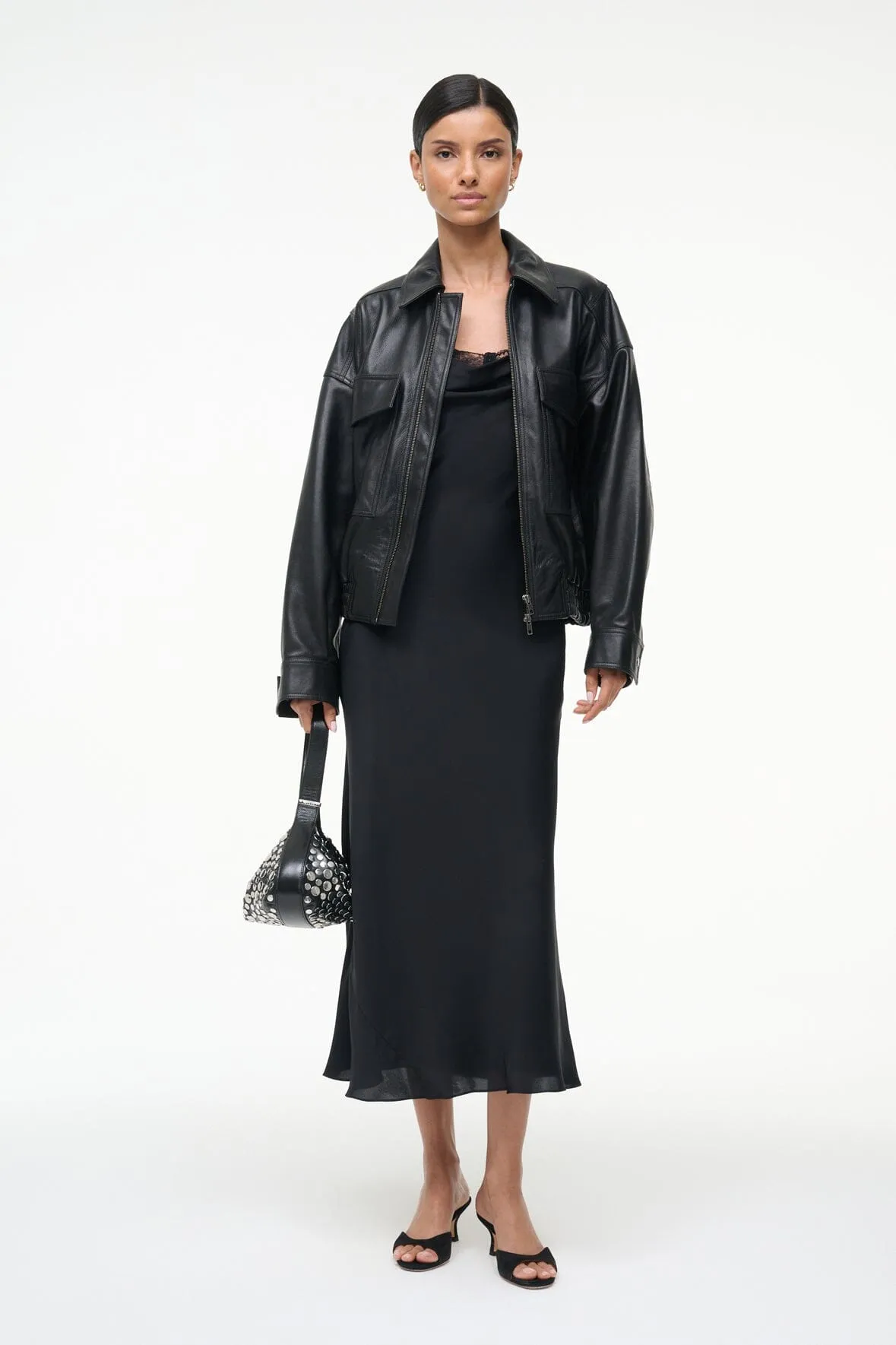 EVANGELINE SILK MIDI DRESS | BLACK cozy look
