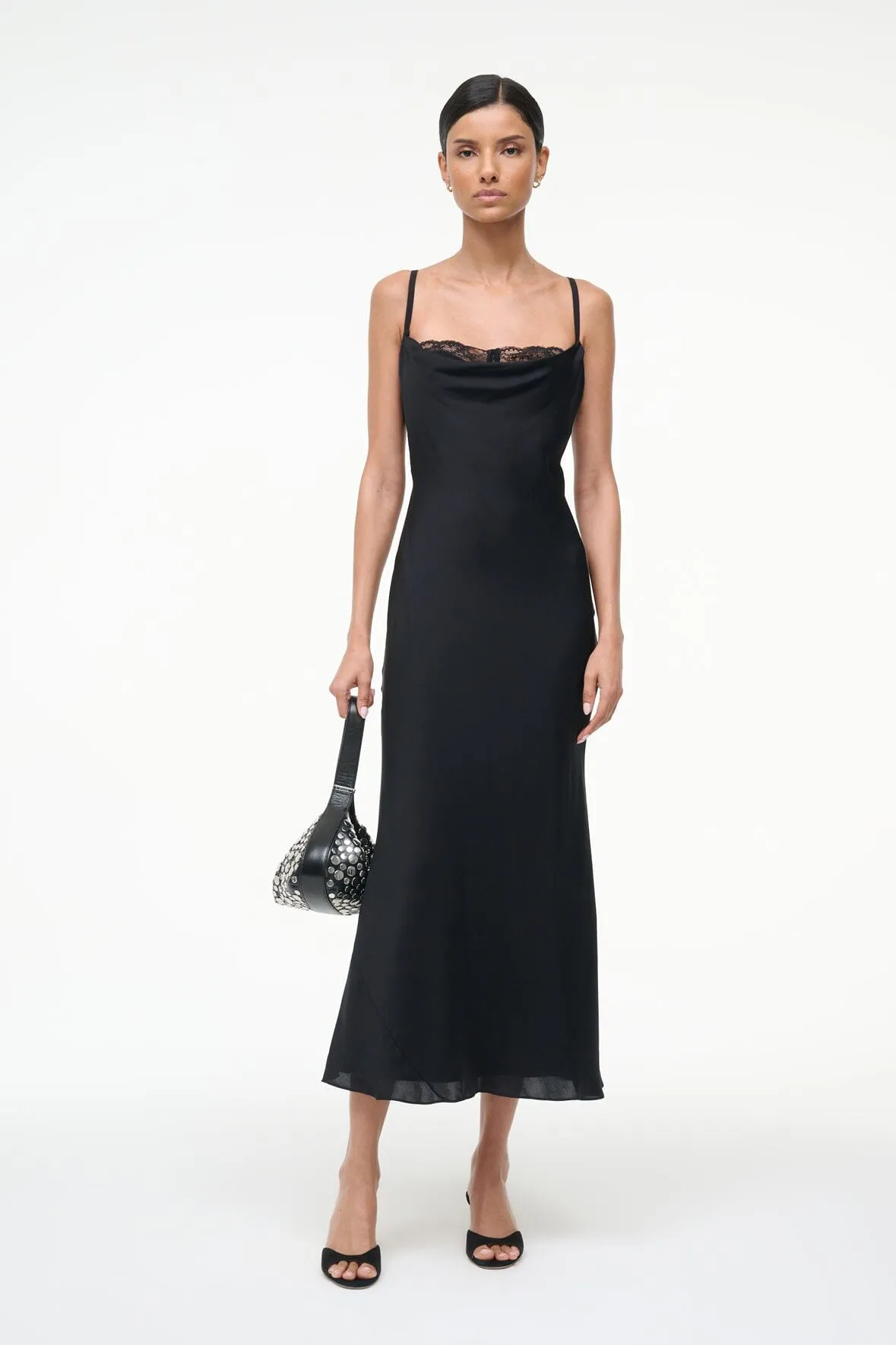 EVANGELINE SILK MIDI DRESS | BLACK floral theme
