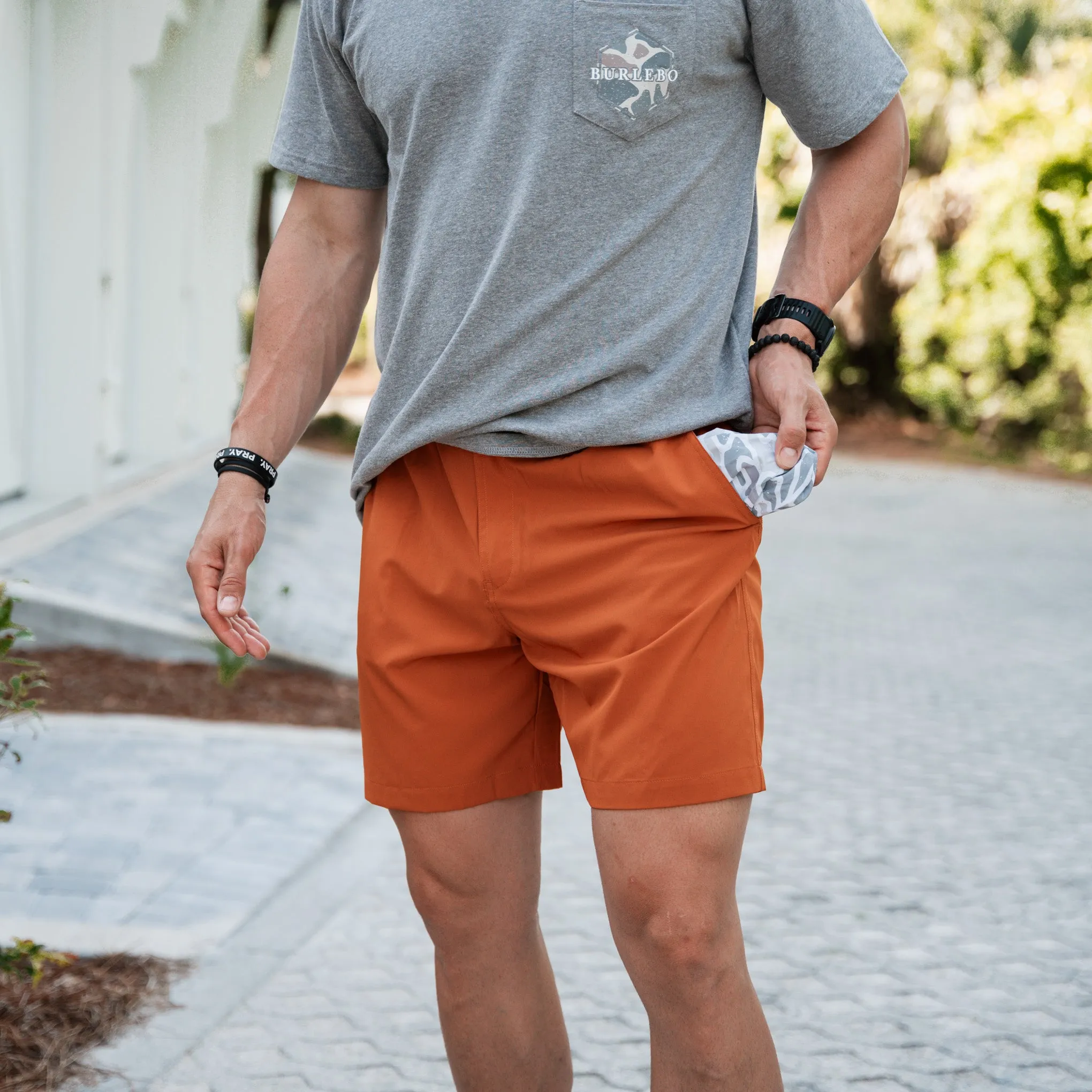 Everyday Short - Orange - White Camo Pocket minimalist chic