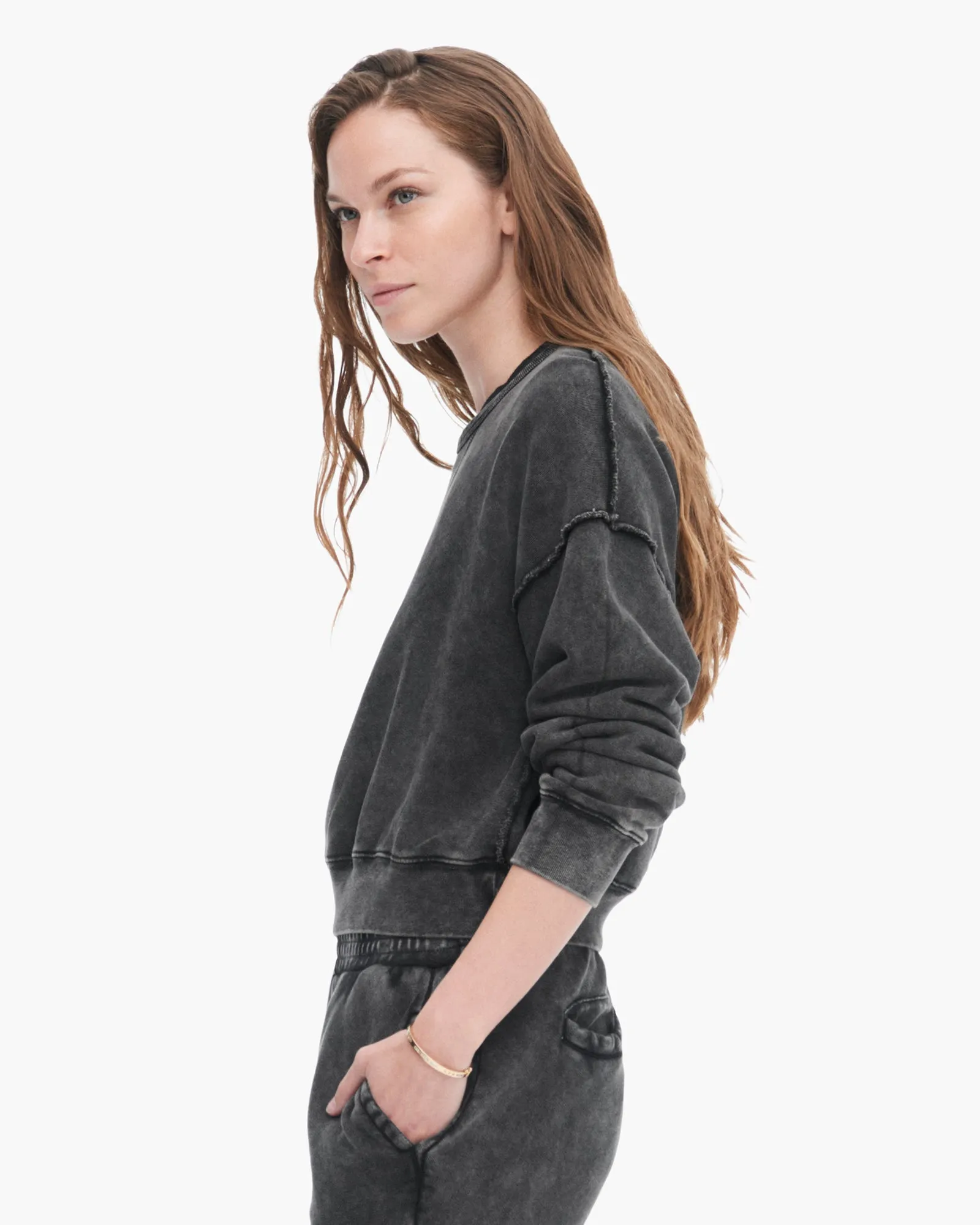 French Terry Pigment Wash Crew Neck Sweatshirt - Black Gentle Touch