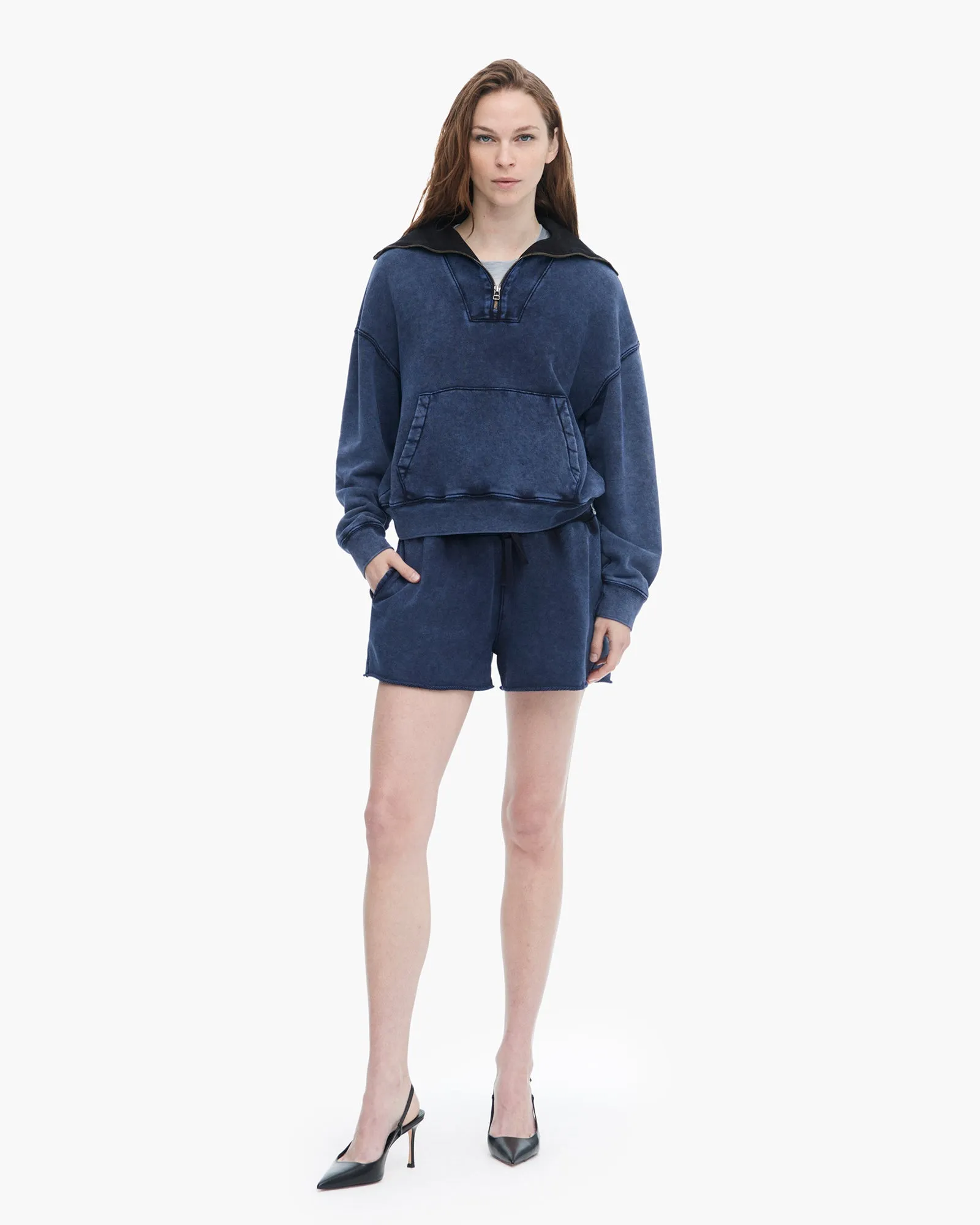French Terry Pigment Wash Crew Quarter Zip - Dark Navy Neat Fit