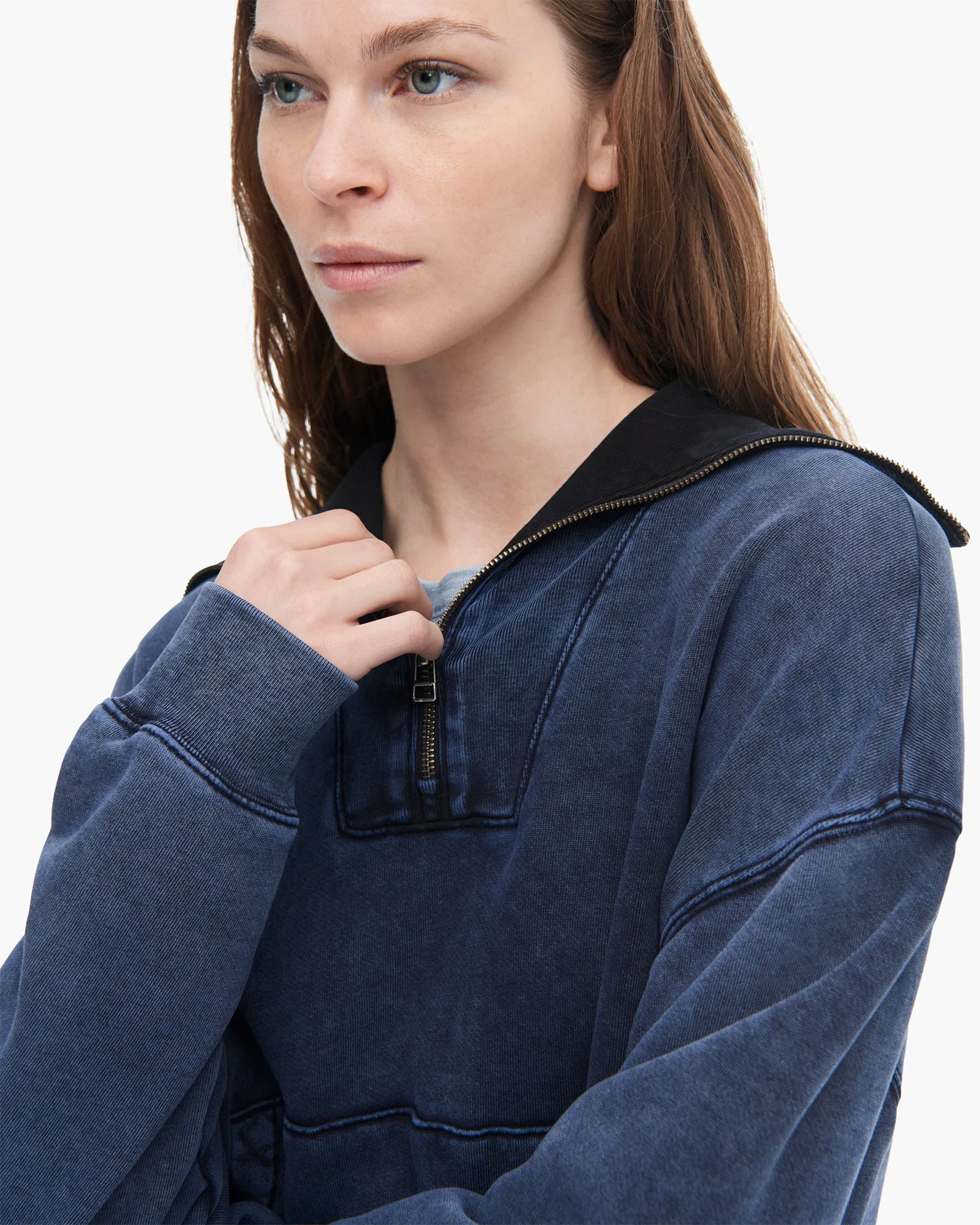 French Terry Pigment Wash Crew Quarter Zip - Dark Navy Fashion Flow
