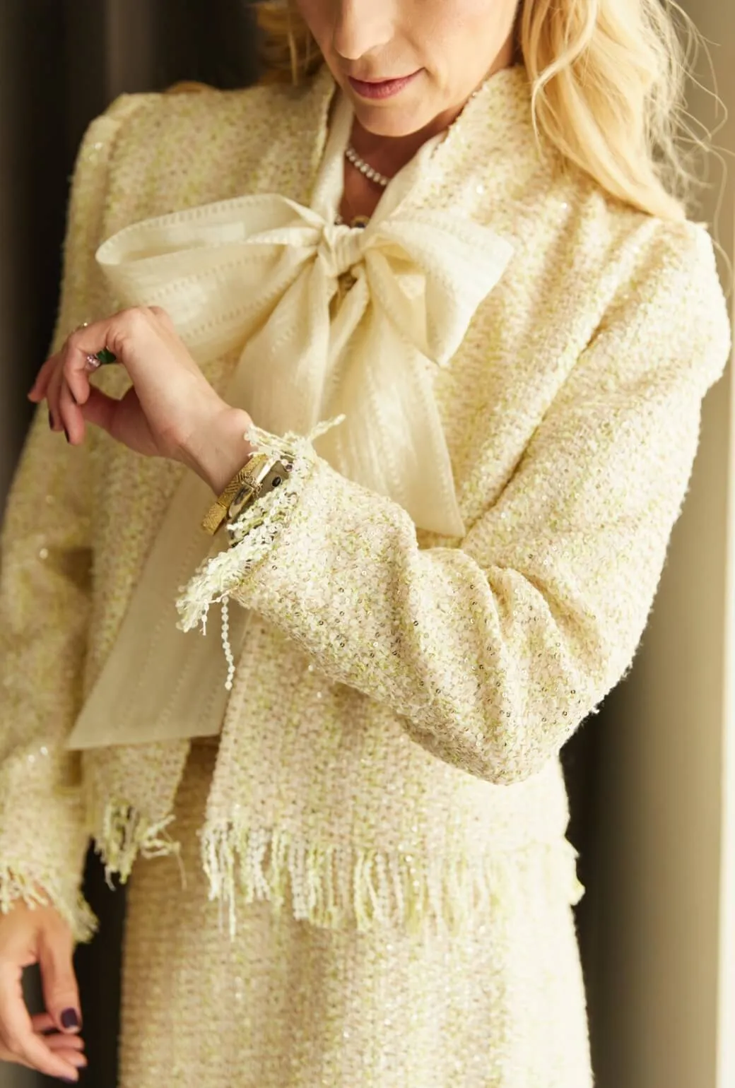 Fringed Mona Lee Blazer - Ivory Twinkle Tweed strong lines