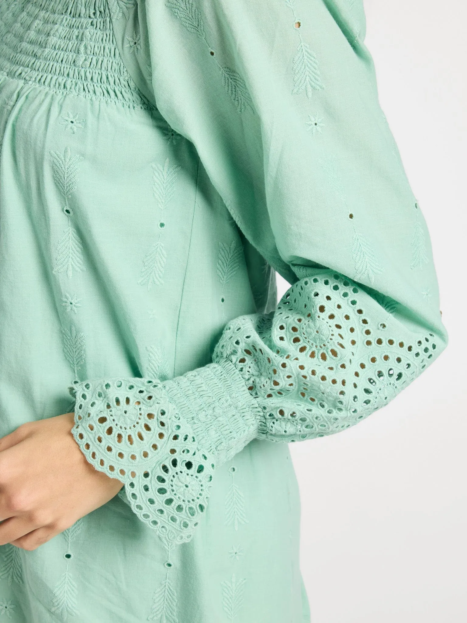 Gabriette Dress in Pistachio Eyelet flirty mood