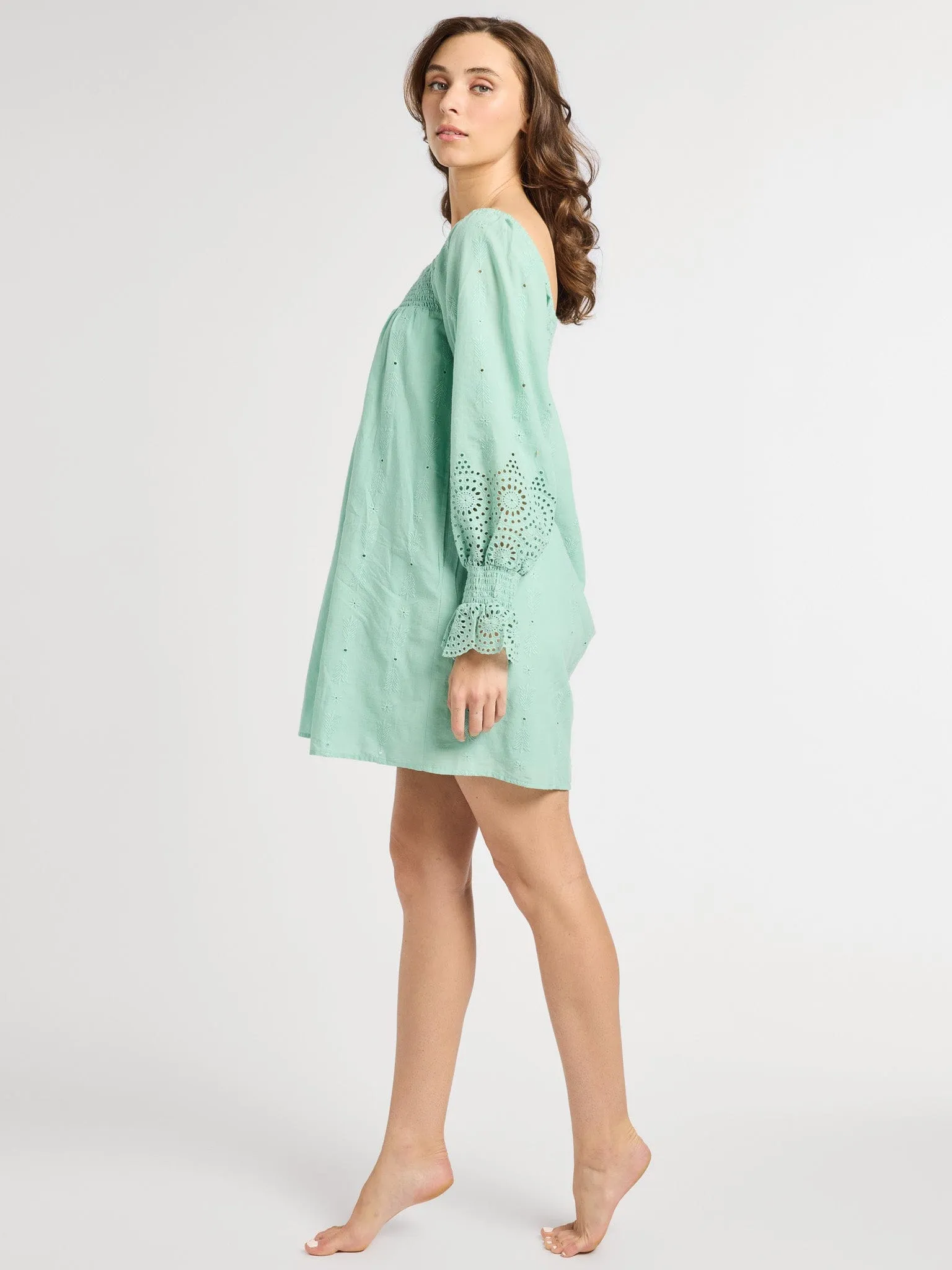 Gabriette Dress in Pistachio Eyelet playful vibe