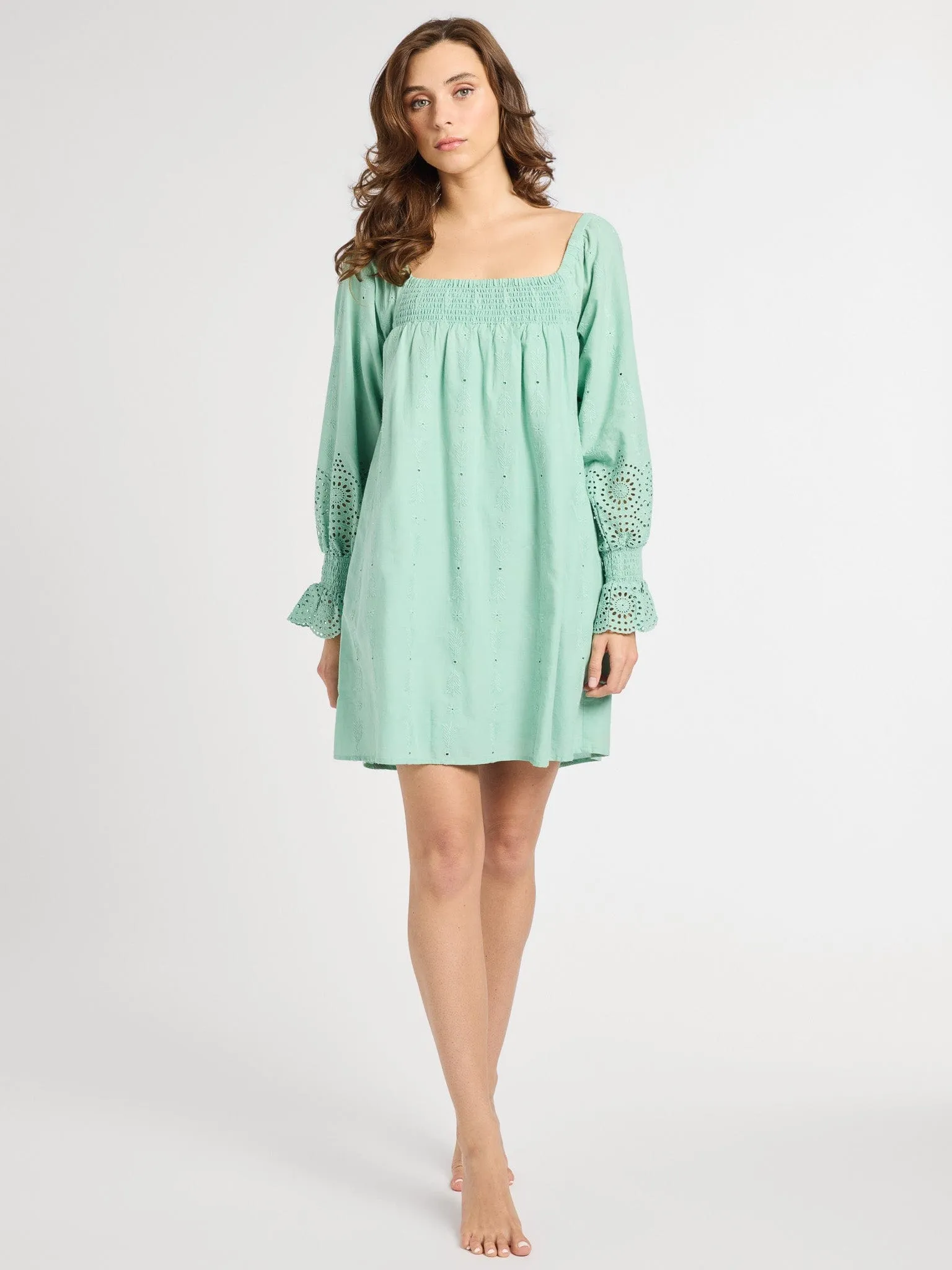 Gabriette Dress in Pistachio Eyelet breezy tone