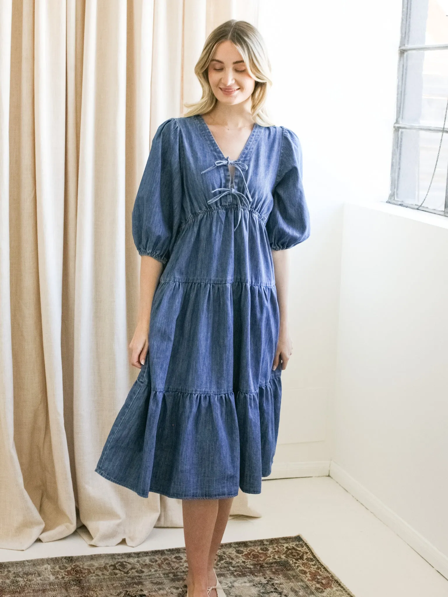 Harper Denim Midi Dress feminine feel