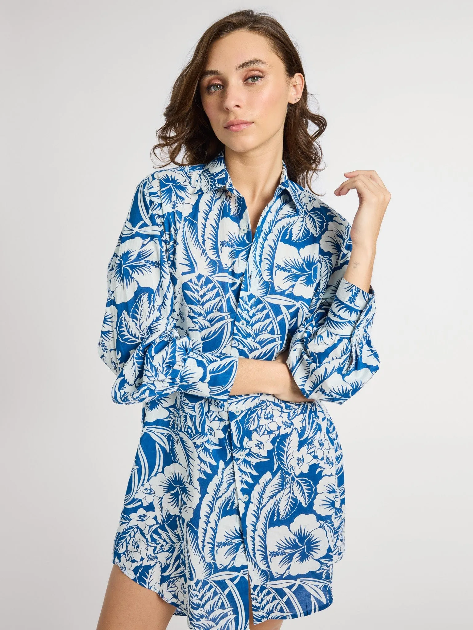Holly Mini Dress in Blue Hibiscus happy mood