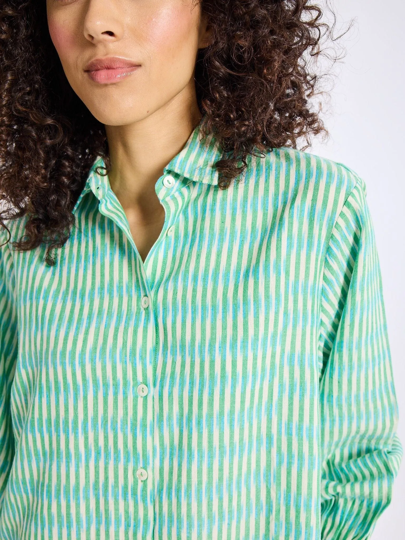 Holly Mini Dress in Green & Blue Ikat glam look