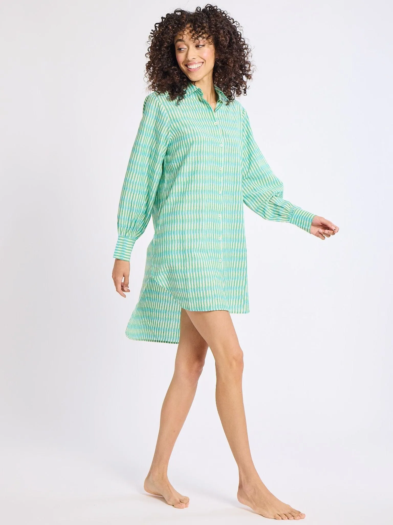 Holly Mini Dress in Green & Blue Ikat modern edge