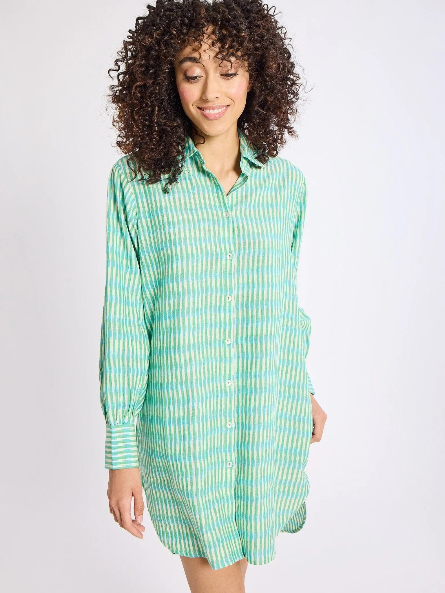 Holly Mini Dress in Green & Blue Ikat natural ease
