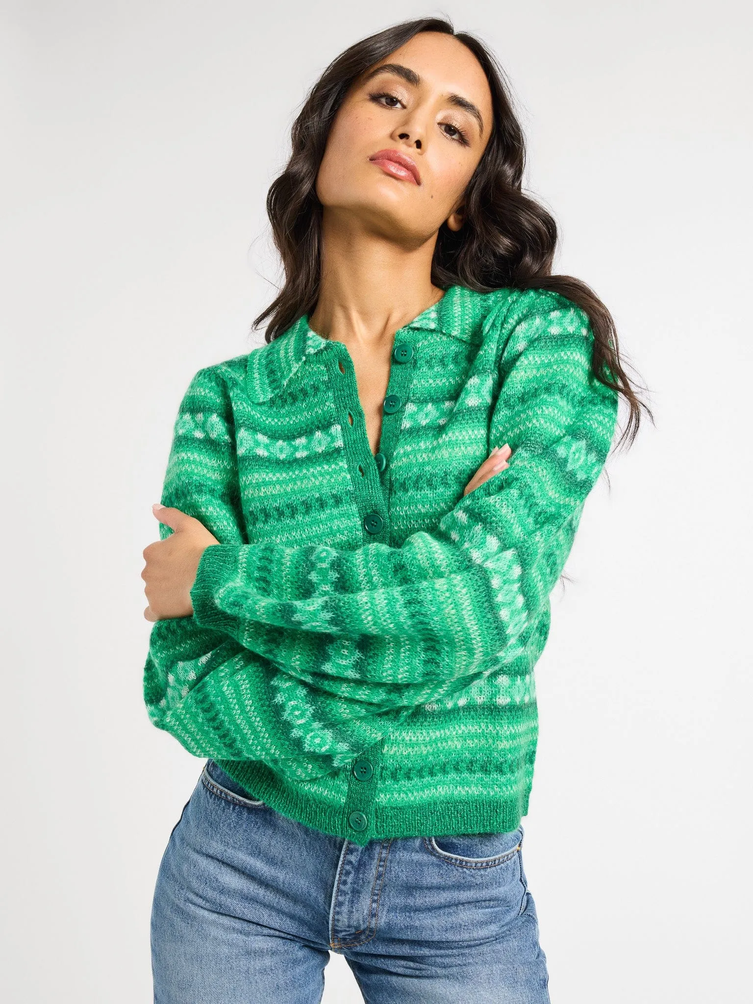 Irene Cardigan in Kelly Fairisle Cabin Style