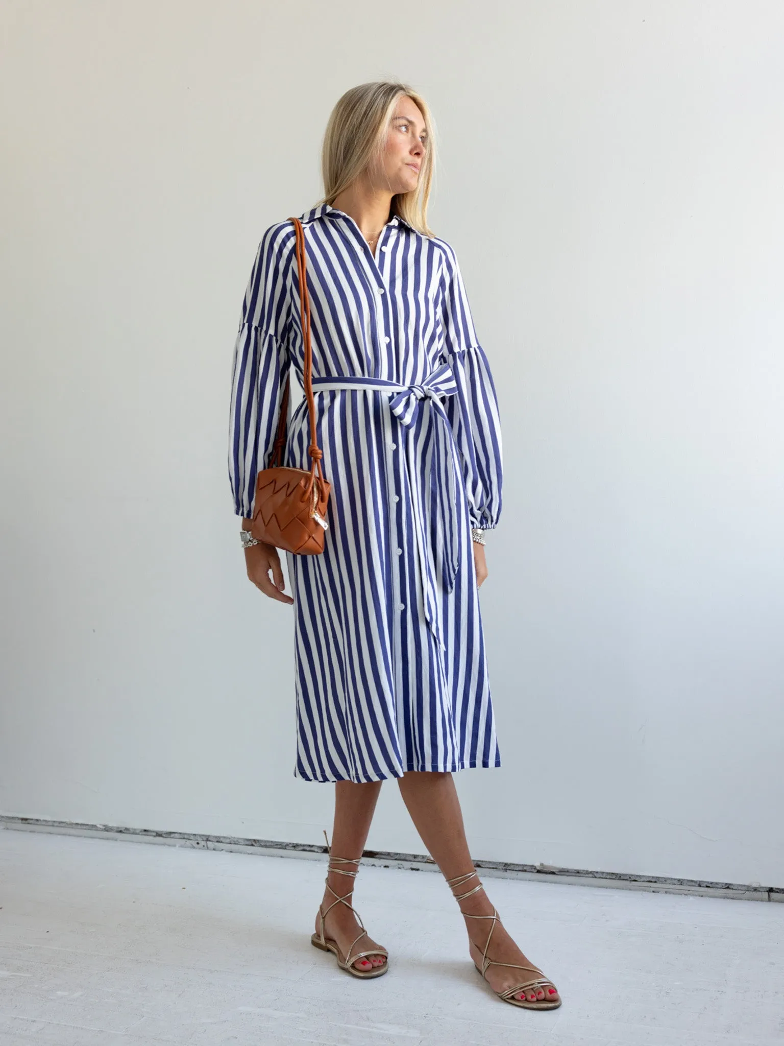 Ischia Navy Stripe Dress sunset walk