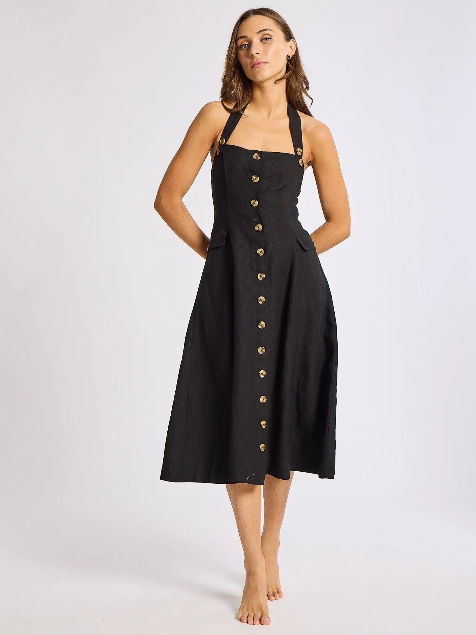 Isla Dress in Black Linen garden charm