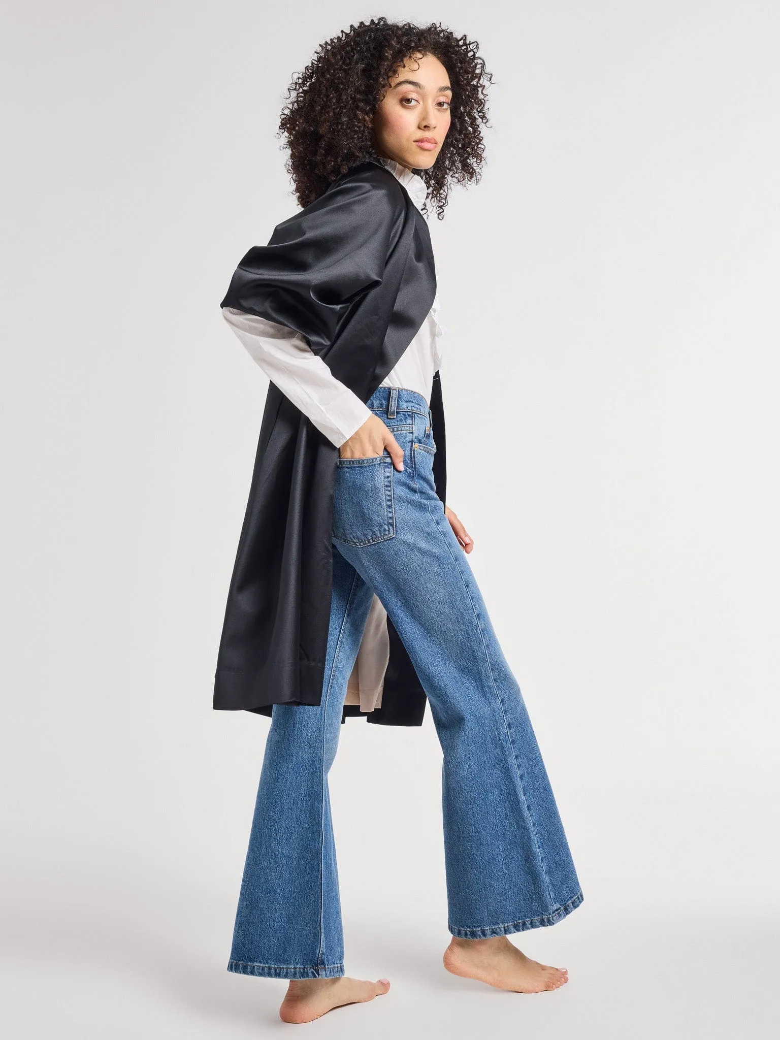 Josephine Coat in Black Satin quiet glow