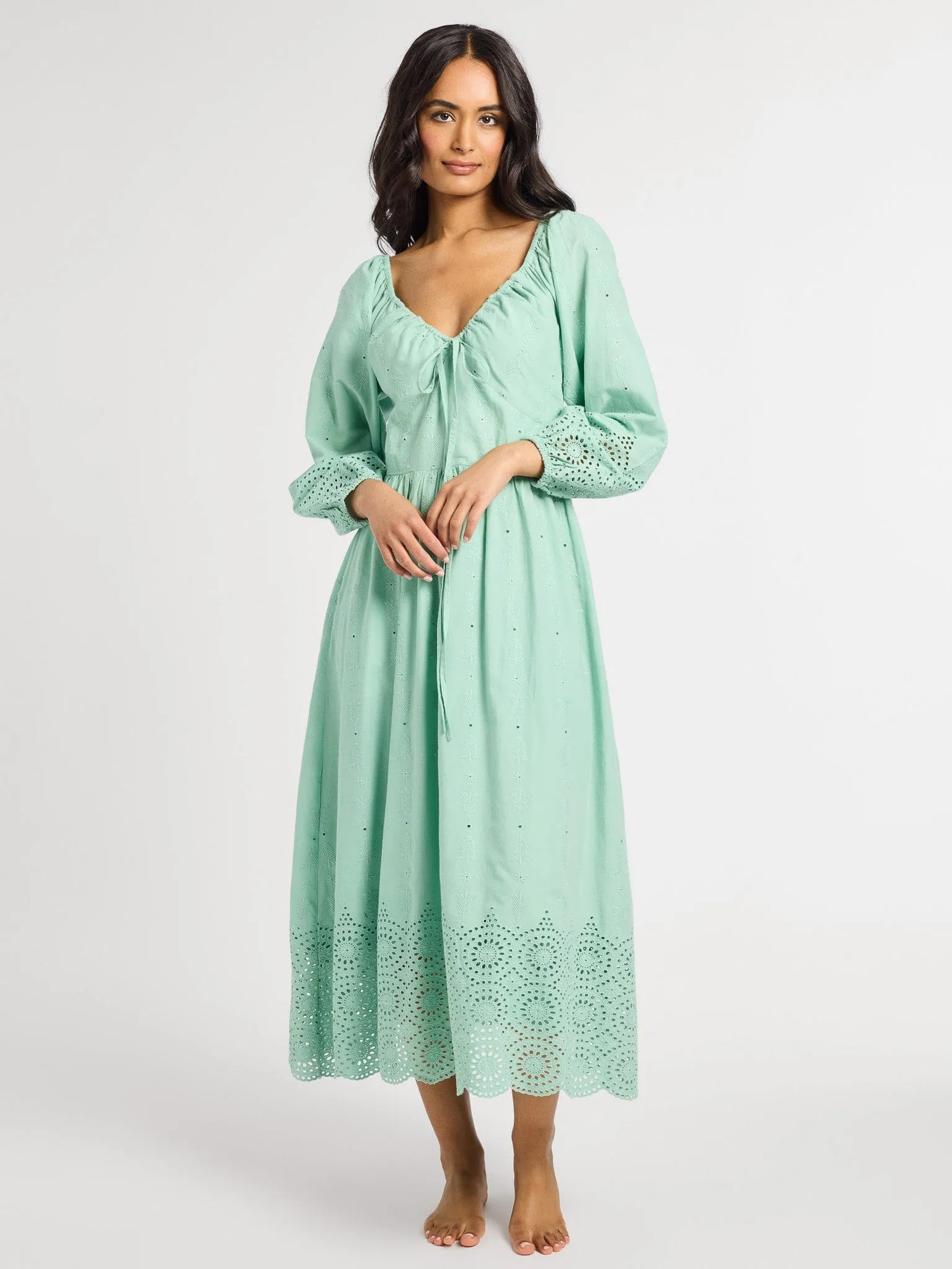 Juliette Dress in Pistachio Eyelet cozy look
