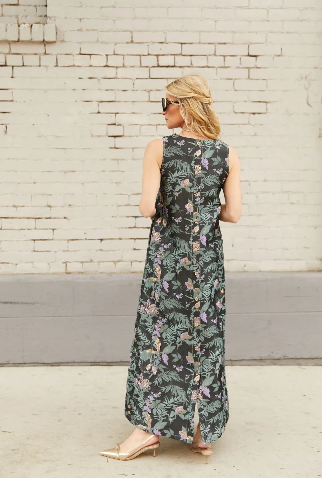 Le V Gown - Sage & Lilac Brocade flirty mood