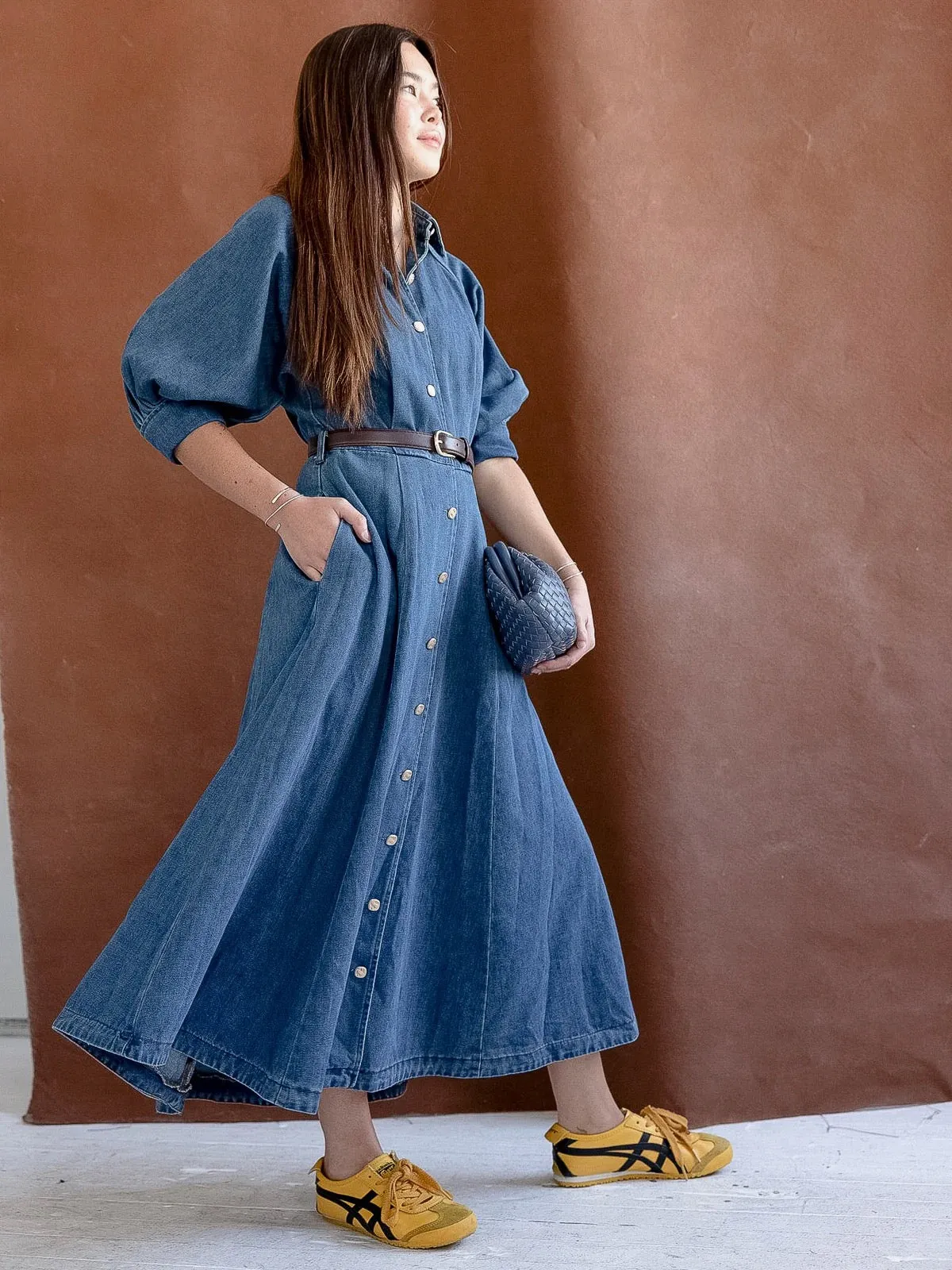 Lena Denim Belted Dress calm tone