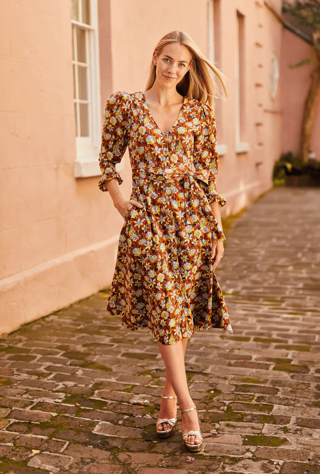 Long Sleeve Day Gown - MIDI - Bronze Floral sunshine days