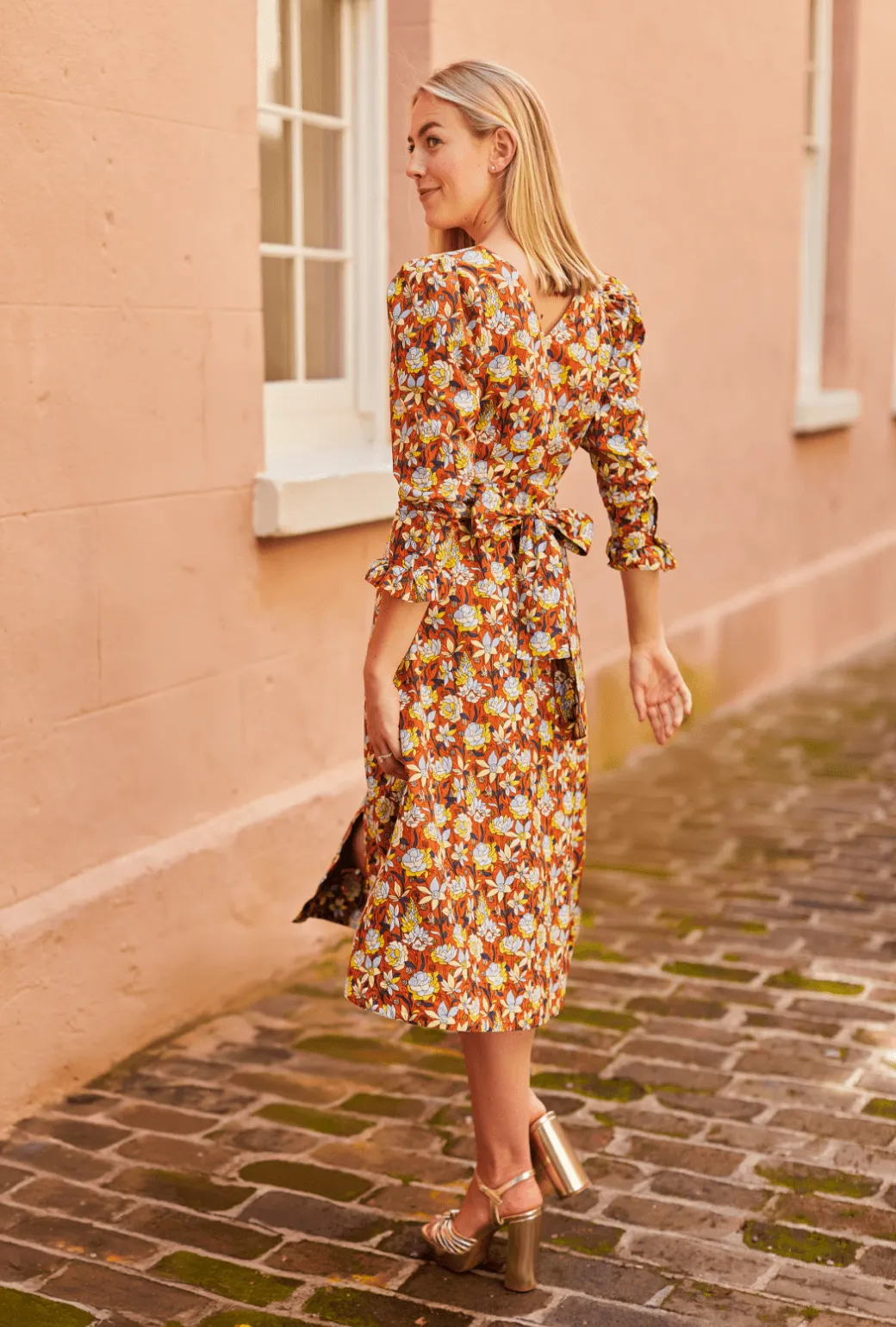Long Sleeve Day Gown - MIDI - Bronze Floral gentle charm