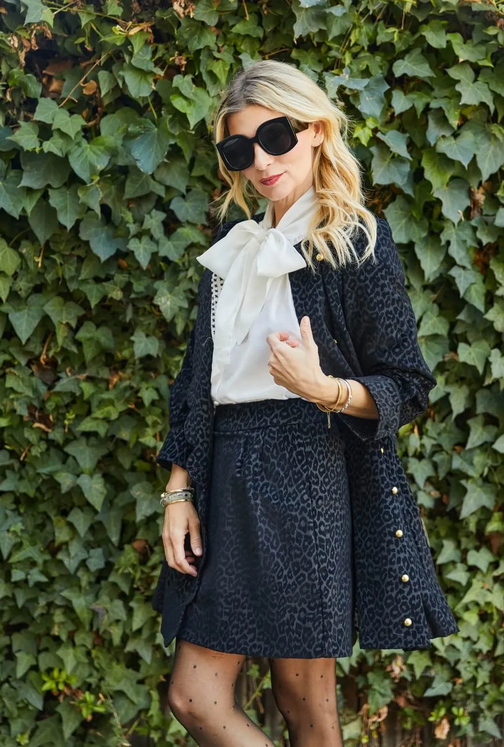 Long Sleeve Scallop Shift Dress - Black Cheetah Corduroy mood wear