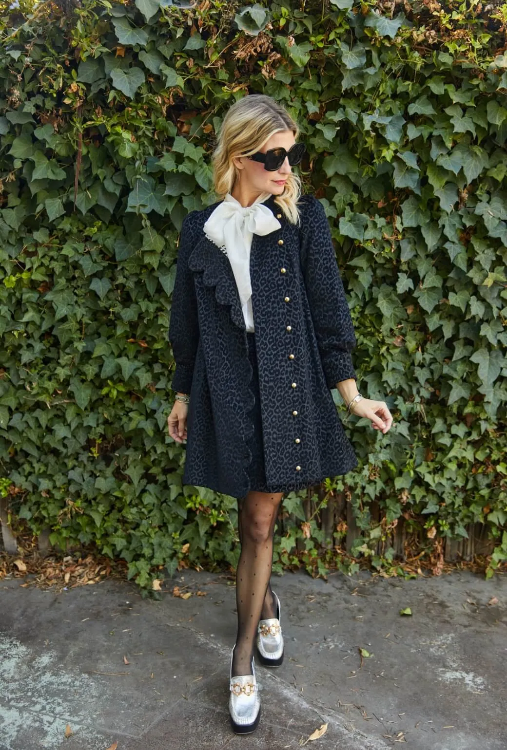 Long Sleeve Scallop Shift Dress - Black Cheetah Corduroy timeless charm