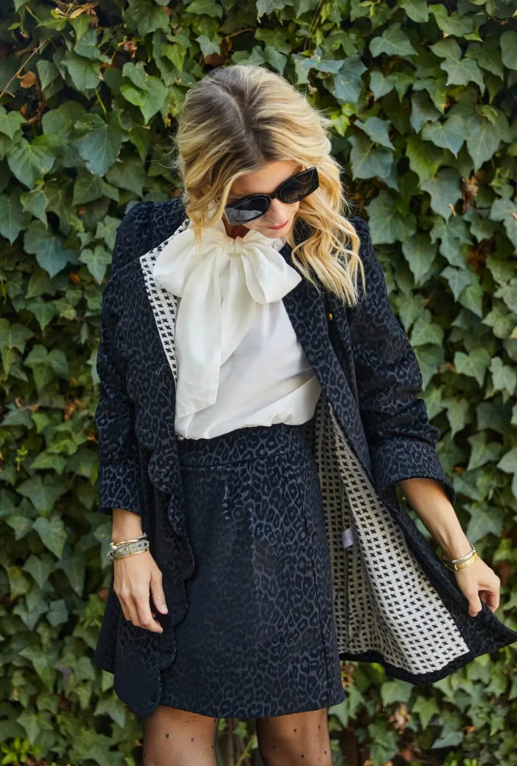 Long Sleeve Scallop Shift Dress - Black Cheetah Corduroy refined feel