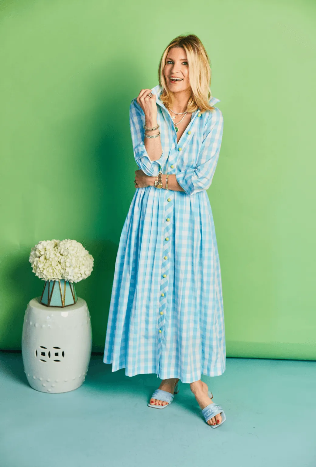 Long Sleeve Shirtdress - Aqua Gingham vintage feel