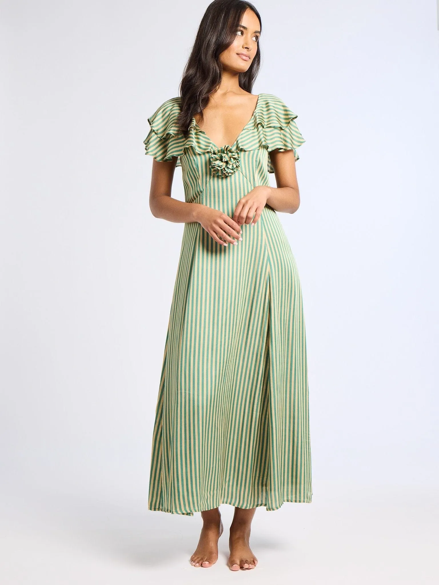 Lucie Dress in Almond & Green Stripe resort vibe