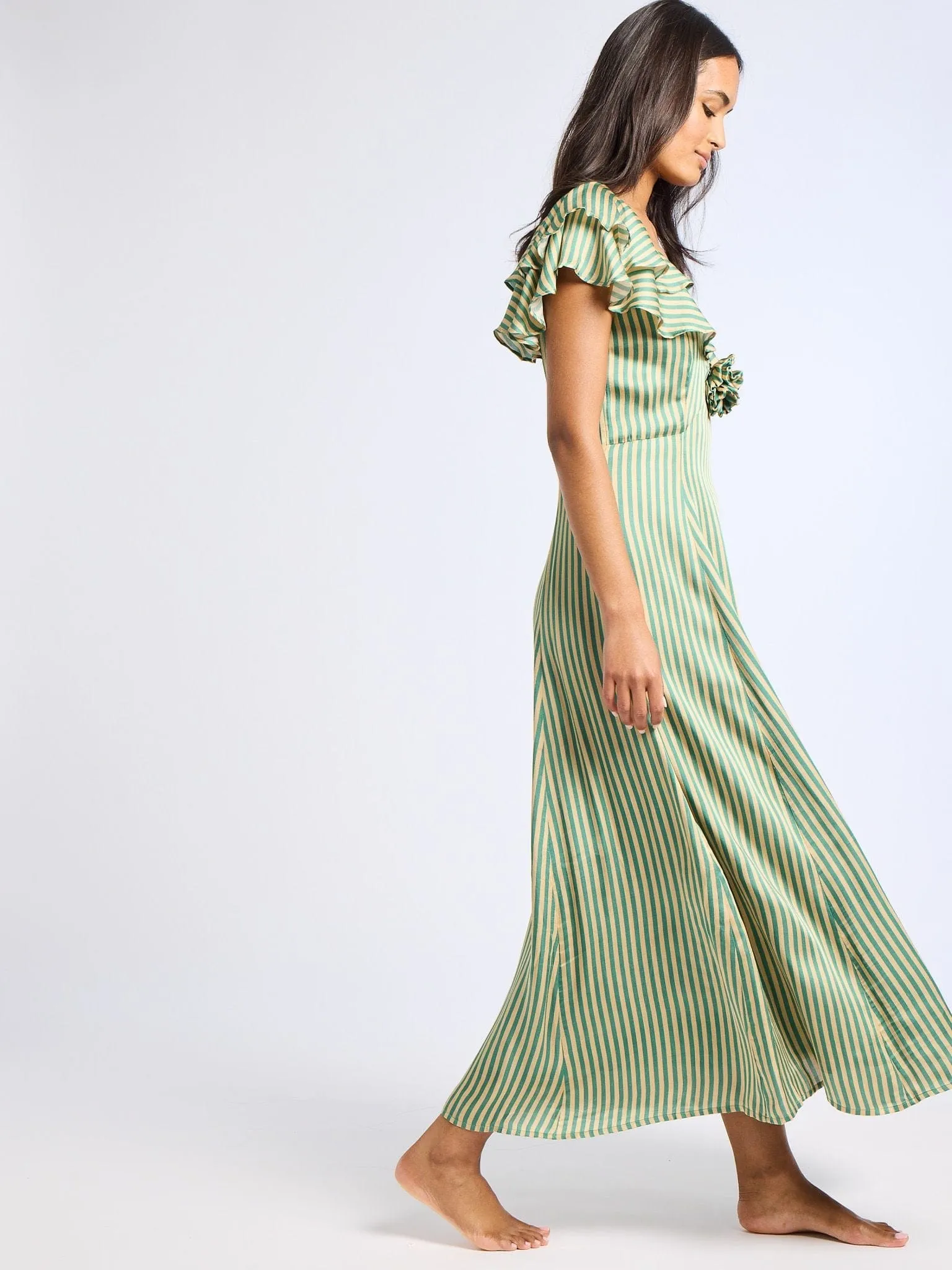 Lucie Dress in Almond & Green Stripe subtle luxe
